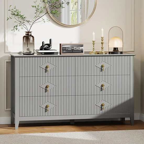 BebreezChic Fluted 6-Drawer Dresser for Bedroom, 54 Inch Wide Modern Wooden Chest of Drawers with Gold Handles
