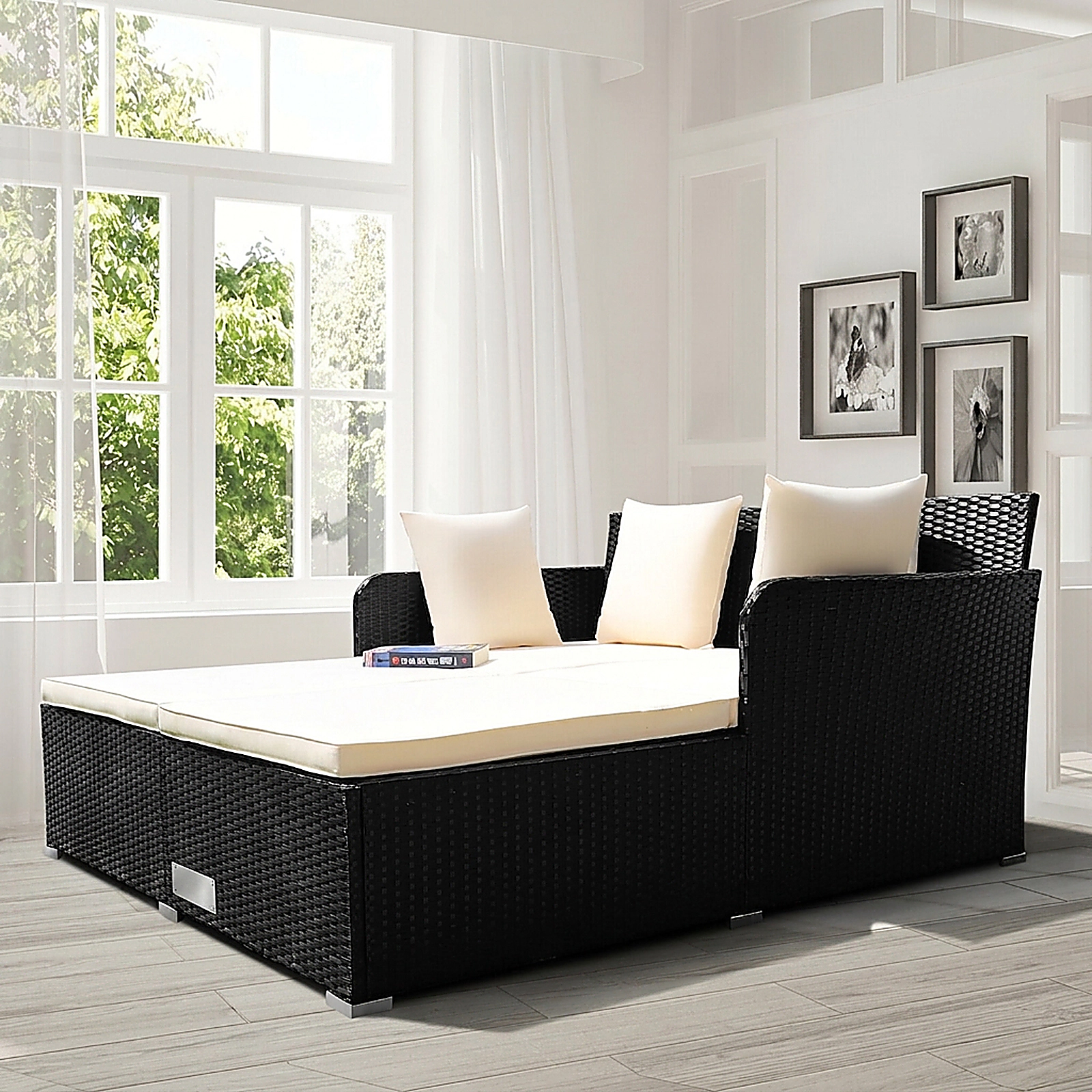SUGIFT White 2-Person Outdoor Rattan Daybed with 800-lb Capacity and Cushions