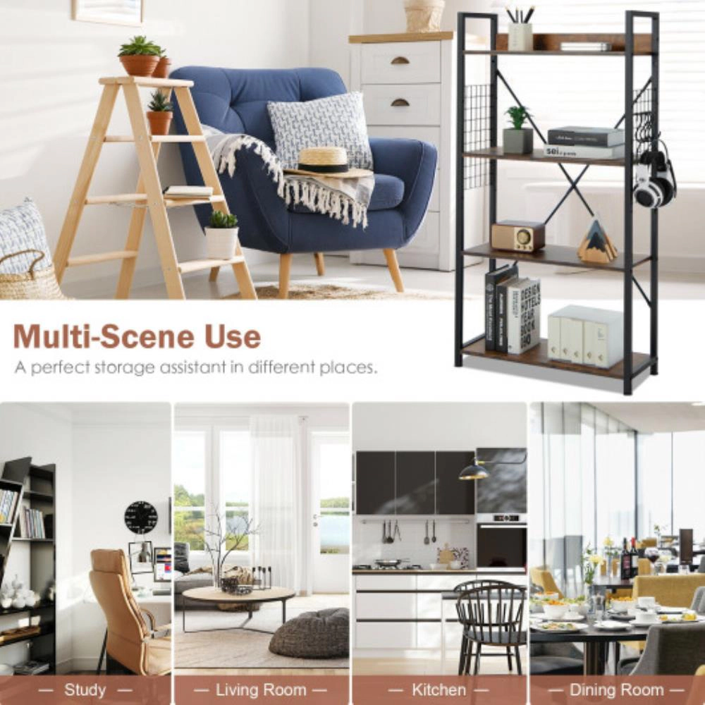 Hivvago 4 -Tier Industrial Open Storage Bookshelf-Coffee