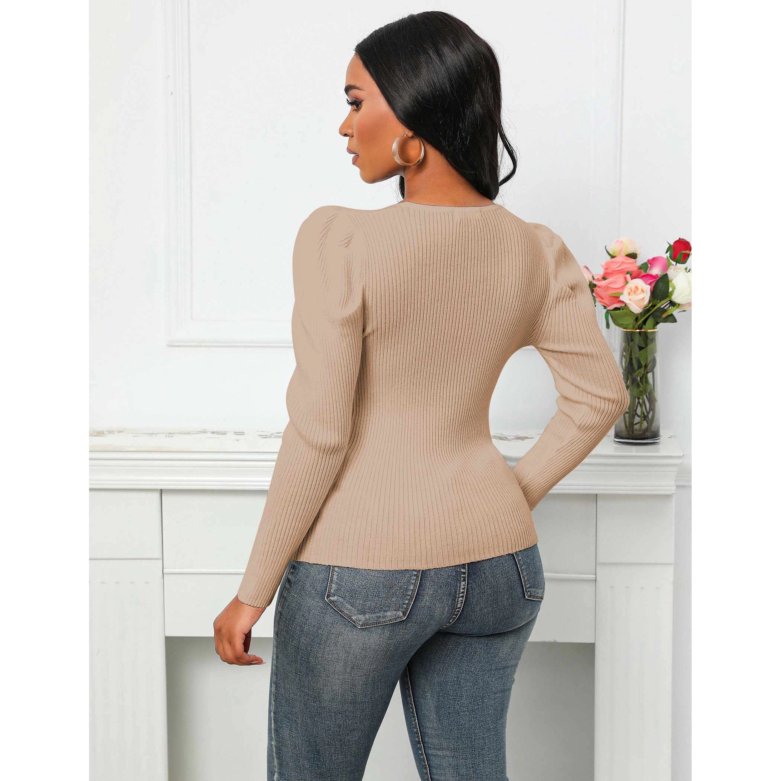 Zeagoo Women's Puff Long Sleeve V-Neck Slim Fit Rib Knit Pullover