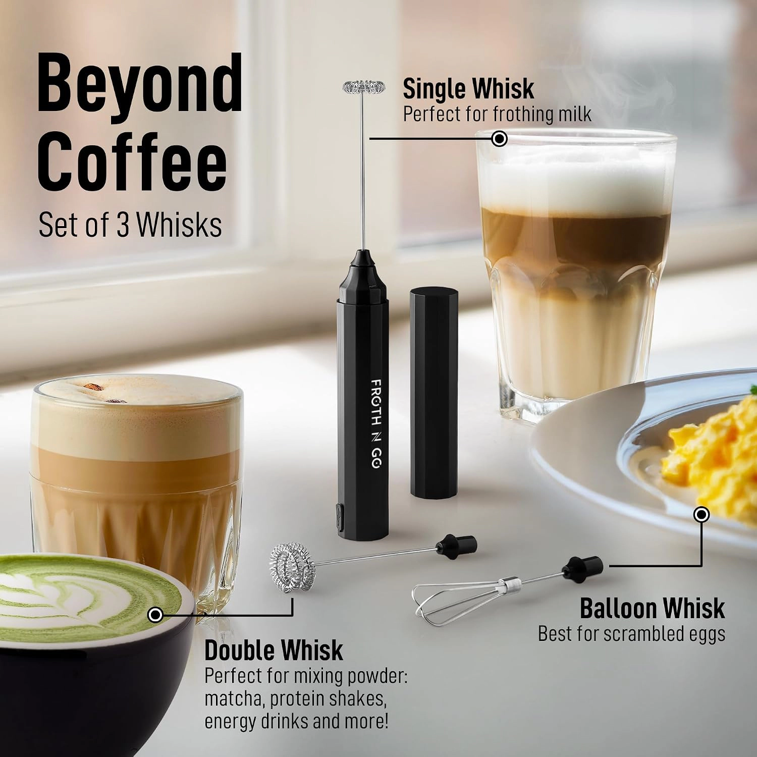 Zulay Kitchen 3-in-1 Froth N Go Milk Frother Rechargeable - Comes with 3 Whisk Attachments