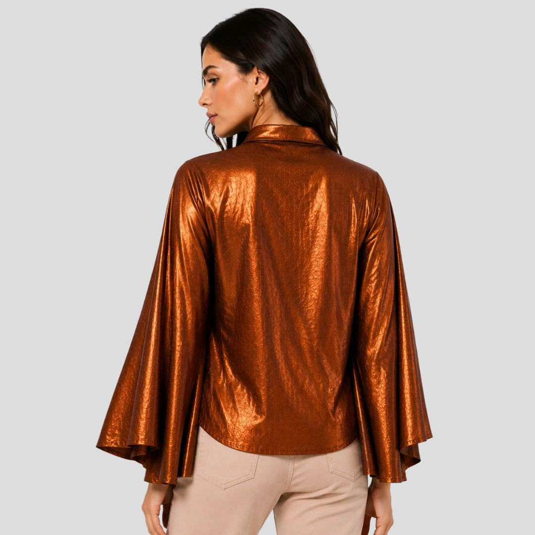 Artyska Women’s Metallic Jacquard Cape-Sleeve Button-Front Blouse