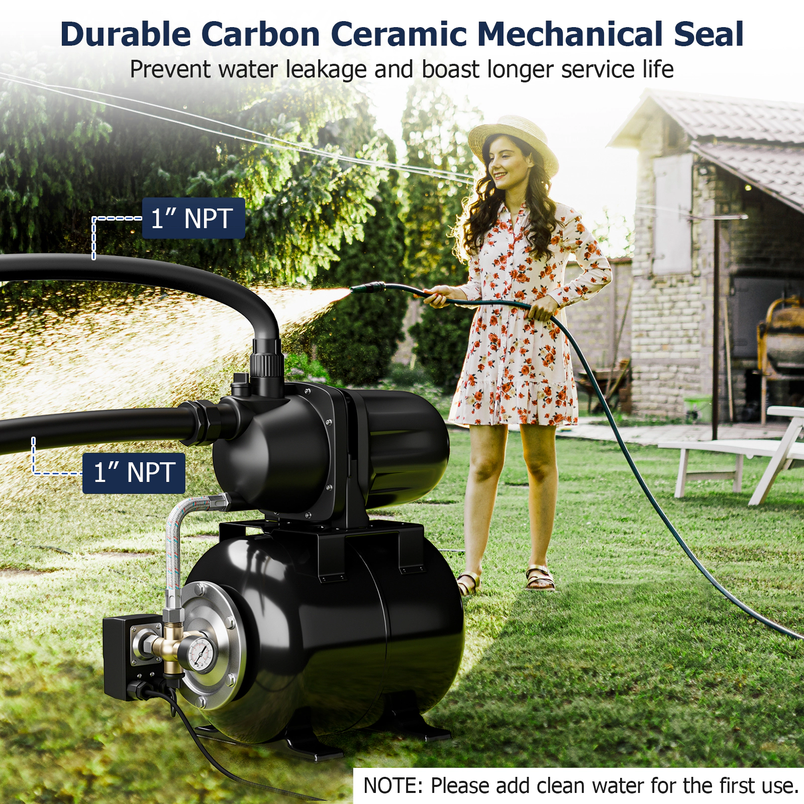 SUGIFT 1200W Shallow Well Jet Pump with 5-gal Pressure Tank 1000-GPH Flow and 20 to 40 PSI Auto Control