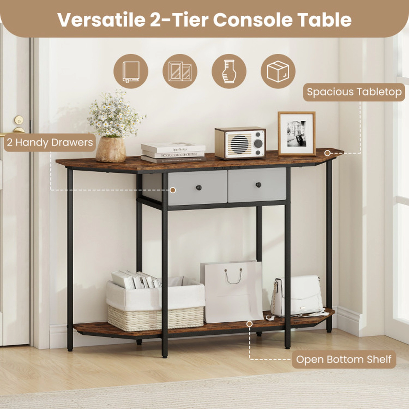 SUGIFT Polygonal Console Table with 2 Drawers and Open Storage Shelf 110-lb Tabletop Capacity Rustic Brown Black Gray