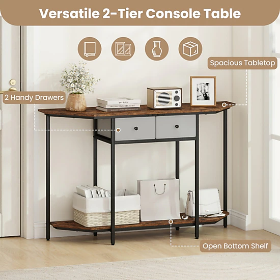 SUGIFT Polygonal Console Table with 2 Drawers and Open Storage Shelf 110-lb Tabletop Capacity Rustic Brown Black Gray
