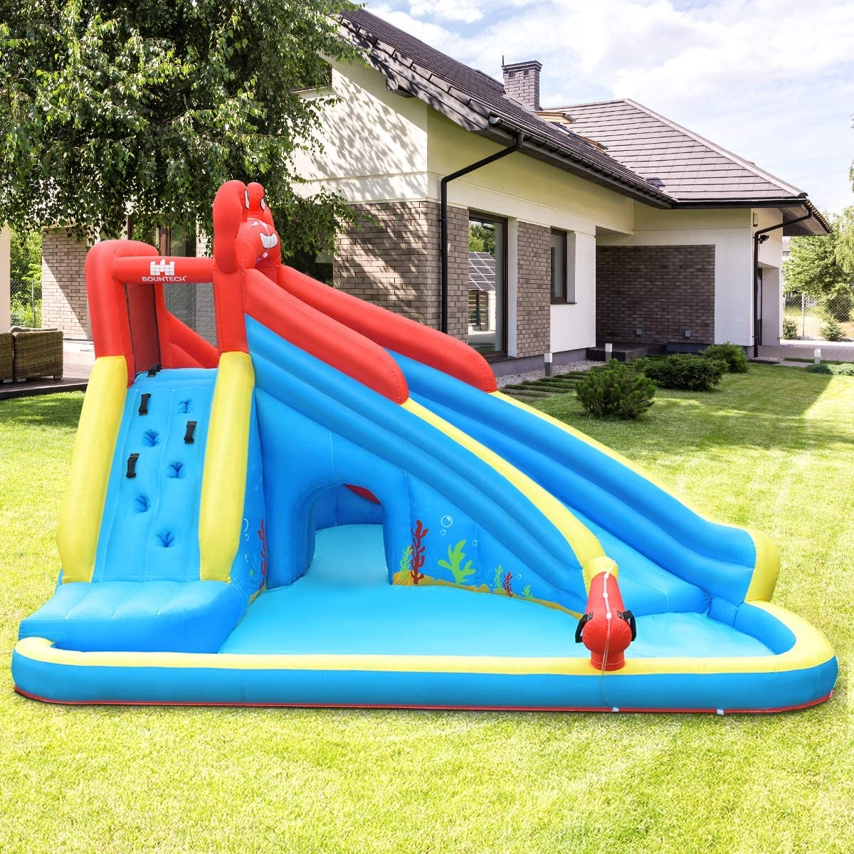 LJG Kids Inflatable Water Slide Bounce House with Water Cannon and 950W Blower