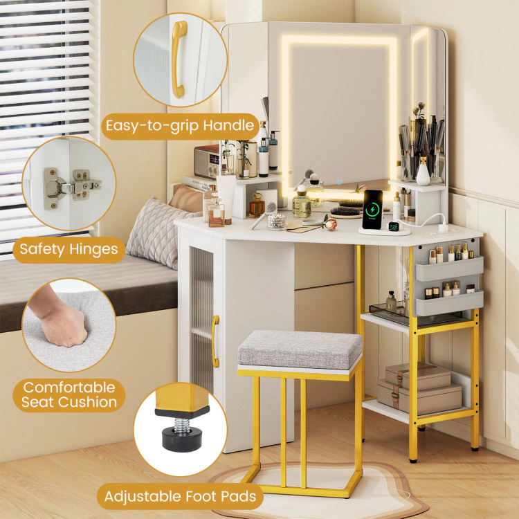 Hivvago Corner Vanity Desk With Mirror And Lights Makeup Dressing Table With Triple Mirror