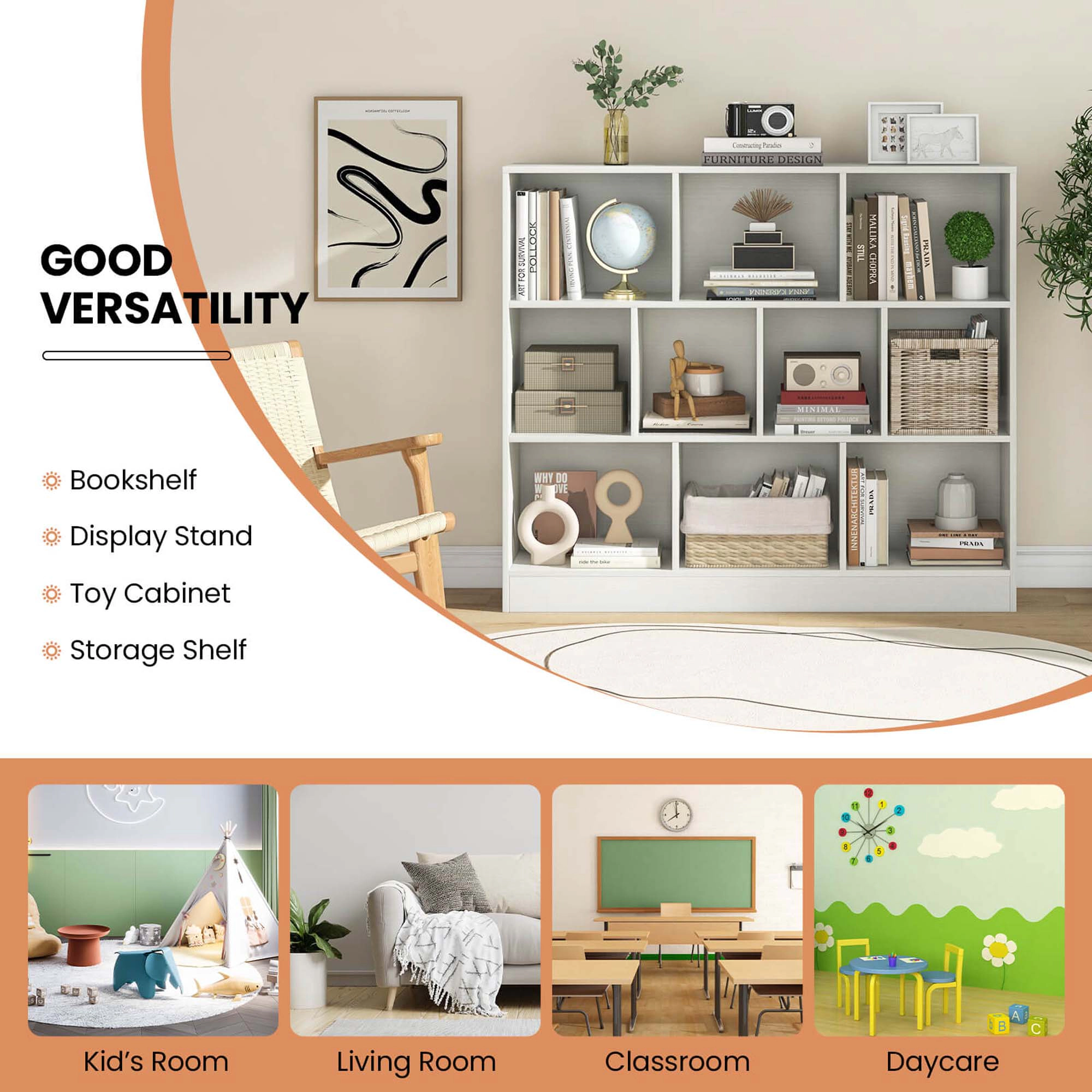 Costway 10-Cube Bookcase for Kids 41"Wooden Toy Storage Organizer for Kid’s Room Natural