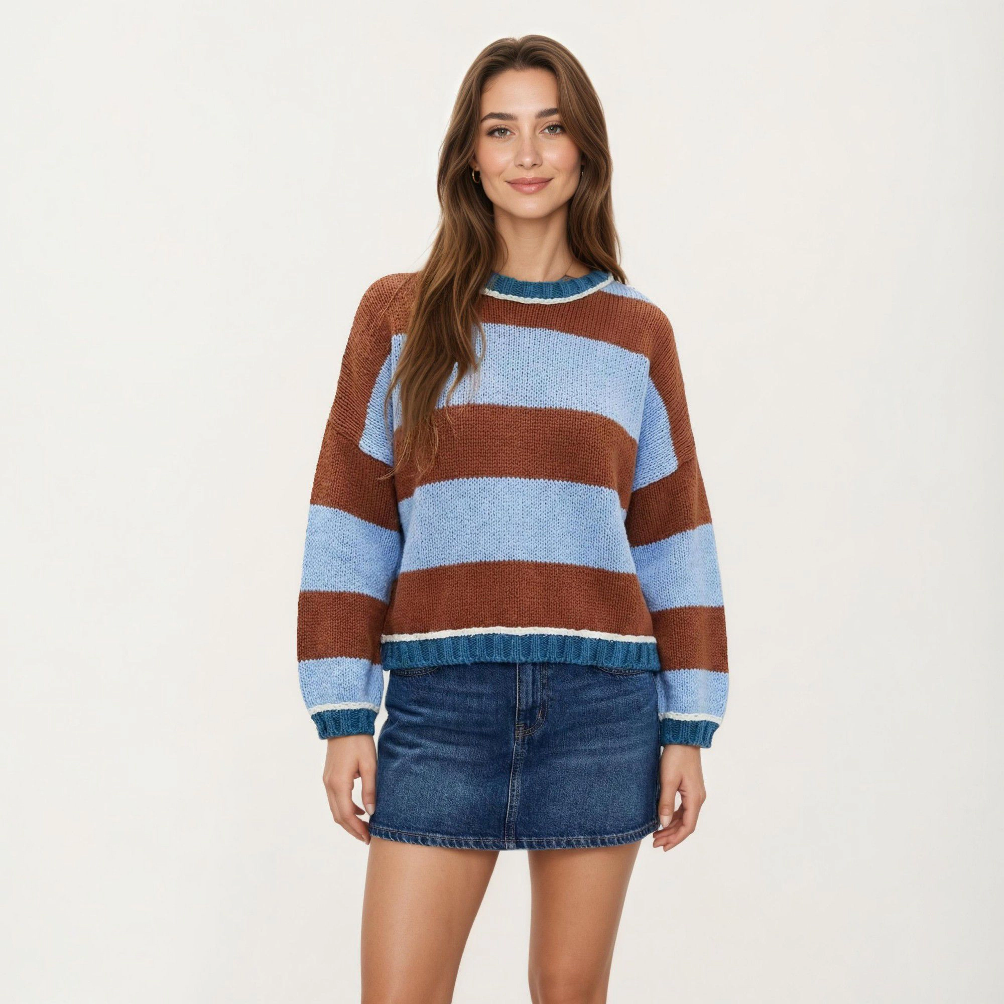 Anna-Kaci Women's Striped Knit Sweater with Color Block Design, Ribbed Trim and Relaxed Drop Shoulder Fit