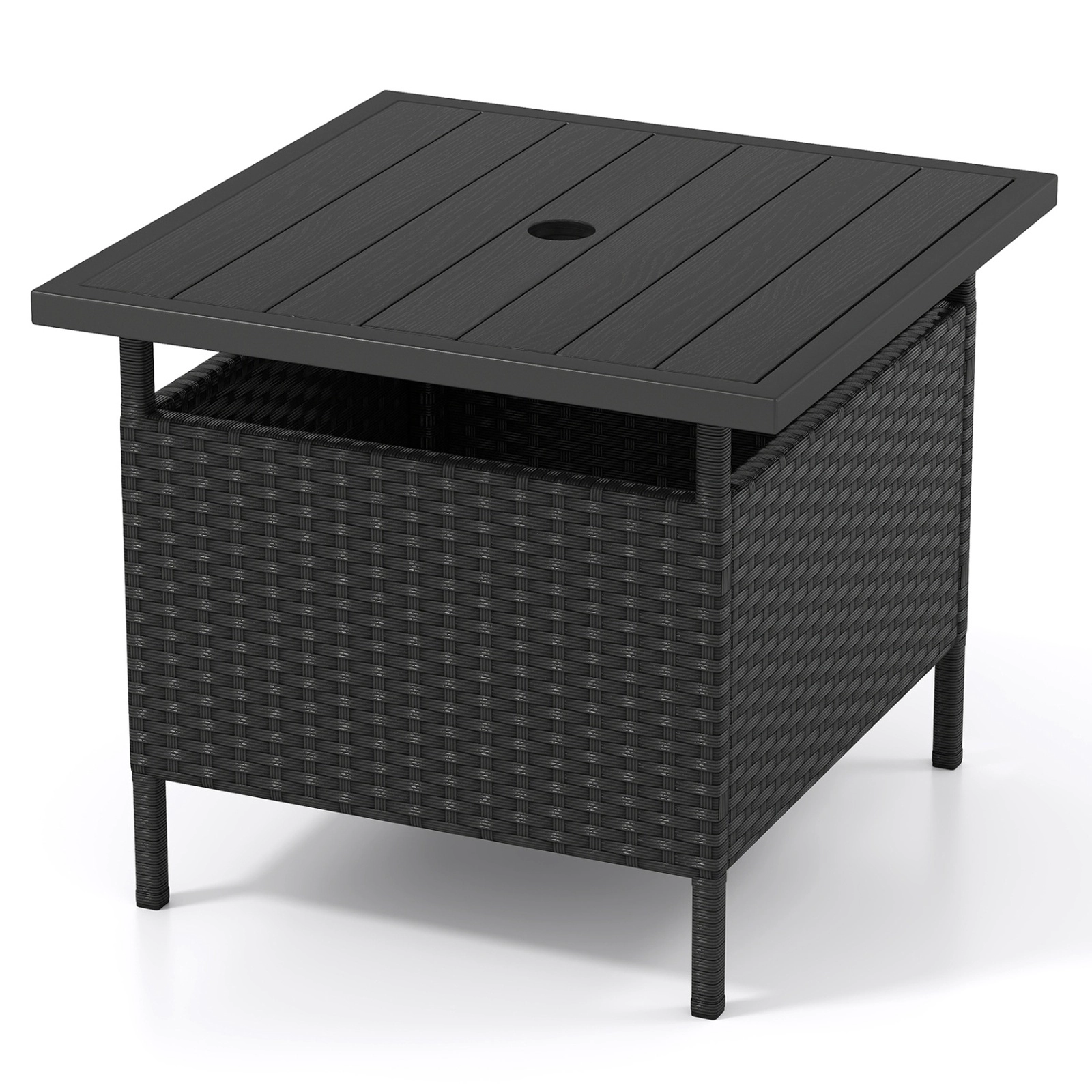 SUGIFT 22 Square Patio Side Table Wicker with 2 Umbrella Hole and Storage