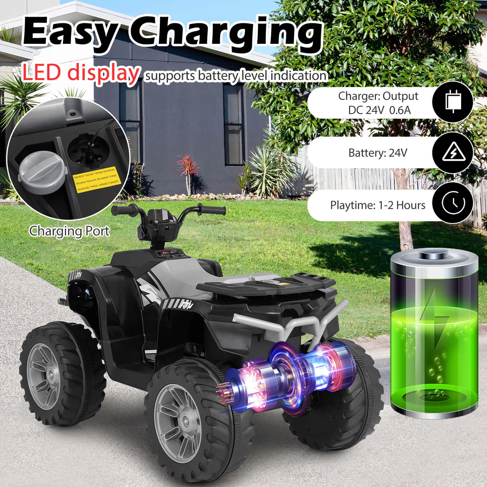 Costway 24V Kids Ride-On Electric ATV 4-Wheeler Quad Car with Wireless Connection
