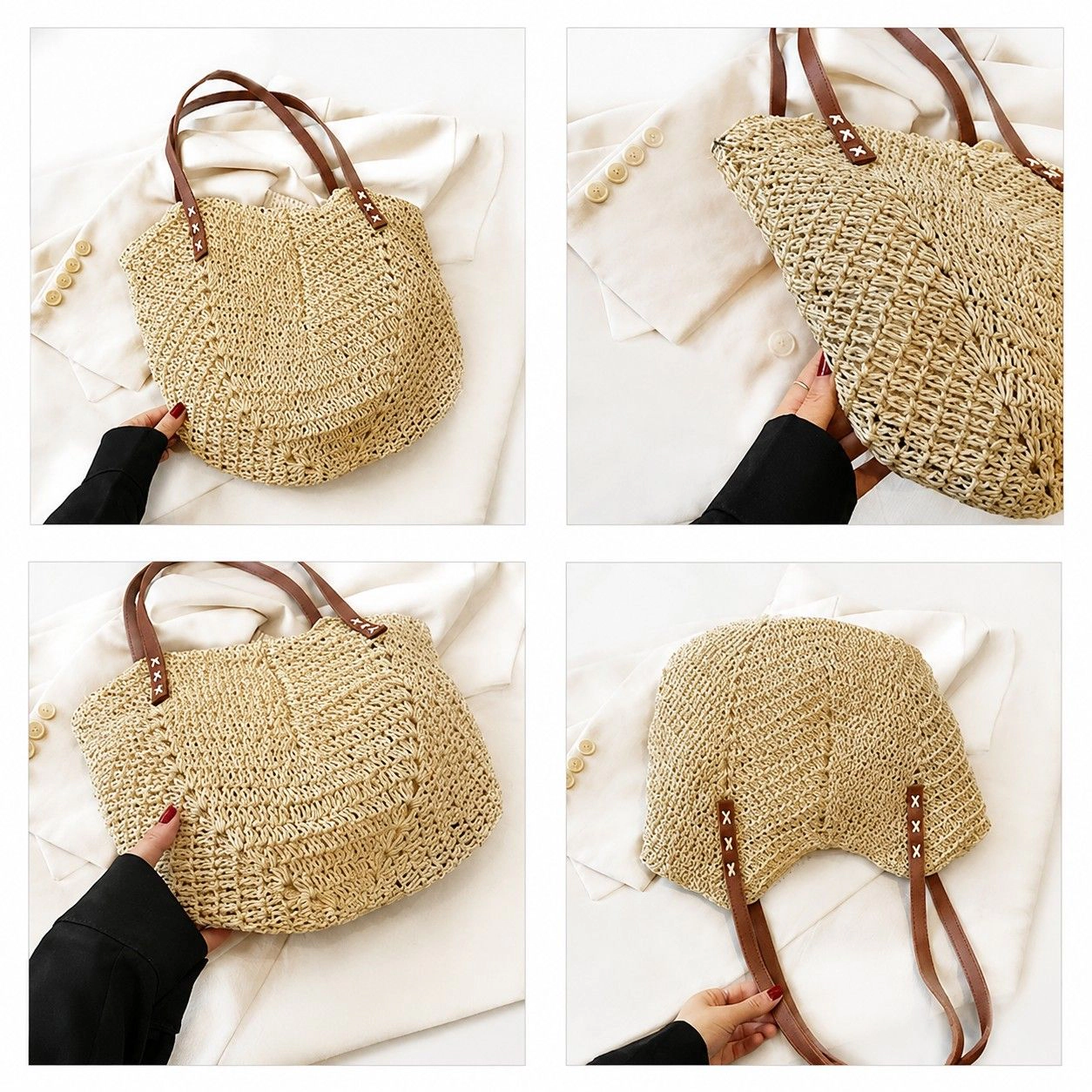 Alilang Women's Woven Straw Tote Bag Large Capacity Shoulder Handbag Vacation Beach Everyday Carryall, Beige