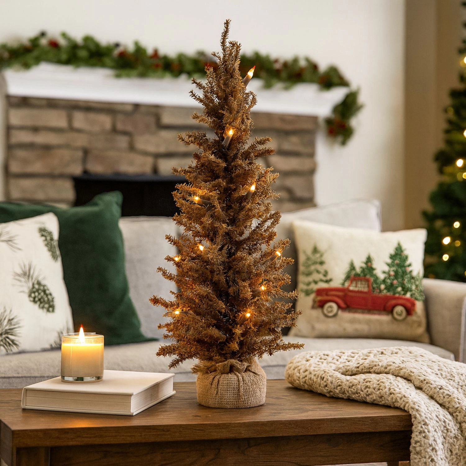 Elegani Pre-Lit Tabletop Christmas Tree with Burlap Base - 8 Inch, Warm White LED