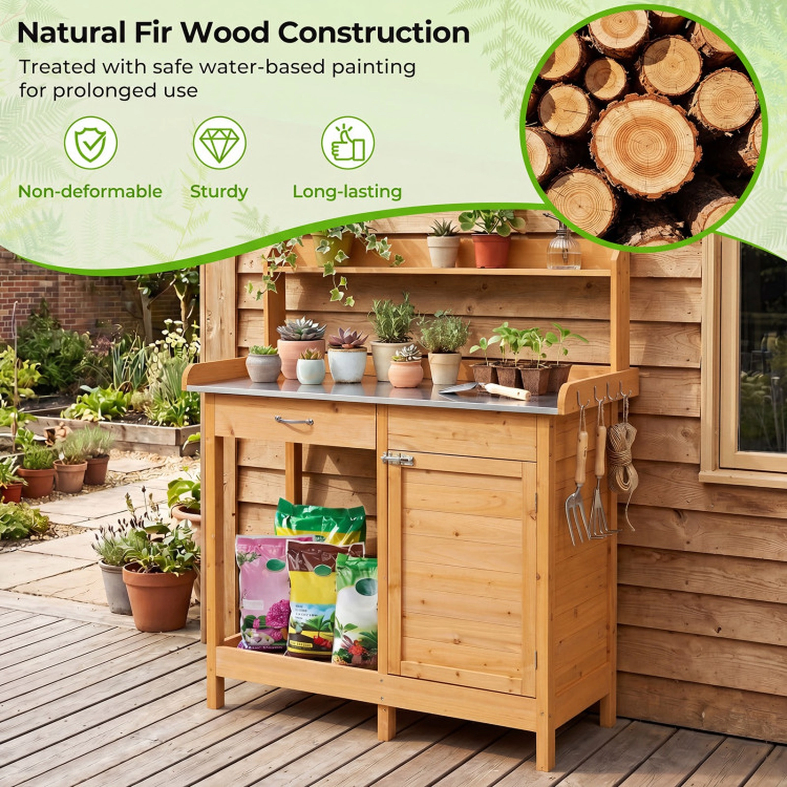 SUGIFT Natural Fir Wood Potting Bench Table with Metal Top Drawer and 3 Side Hooks 44-in W 18-in D 49.5-in H