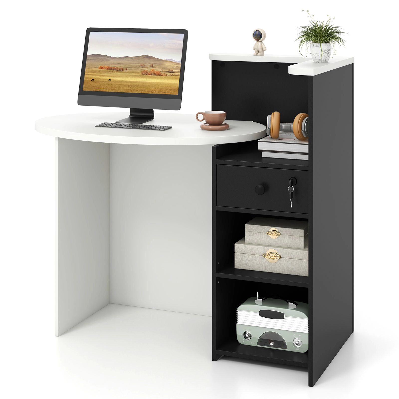 SlickBlue Reception Desk with Storage Shelves and Drawer