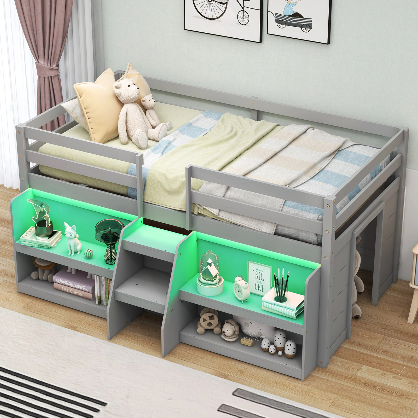 SUGIFT Twin Low Loft Bed with LED Lights, Staircase, Guardrail and Bookshelves, Gray
