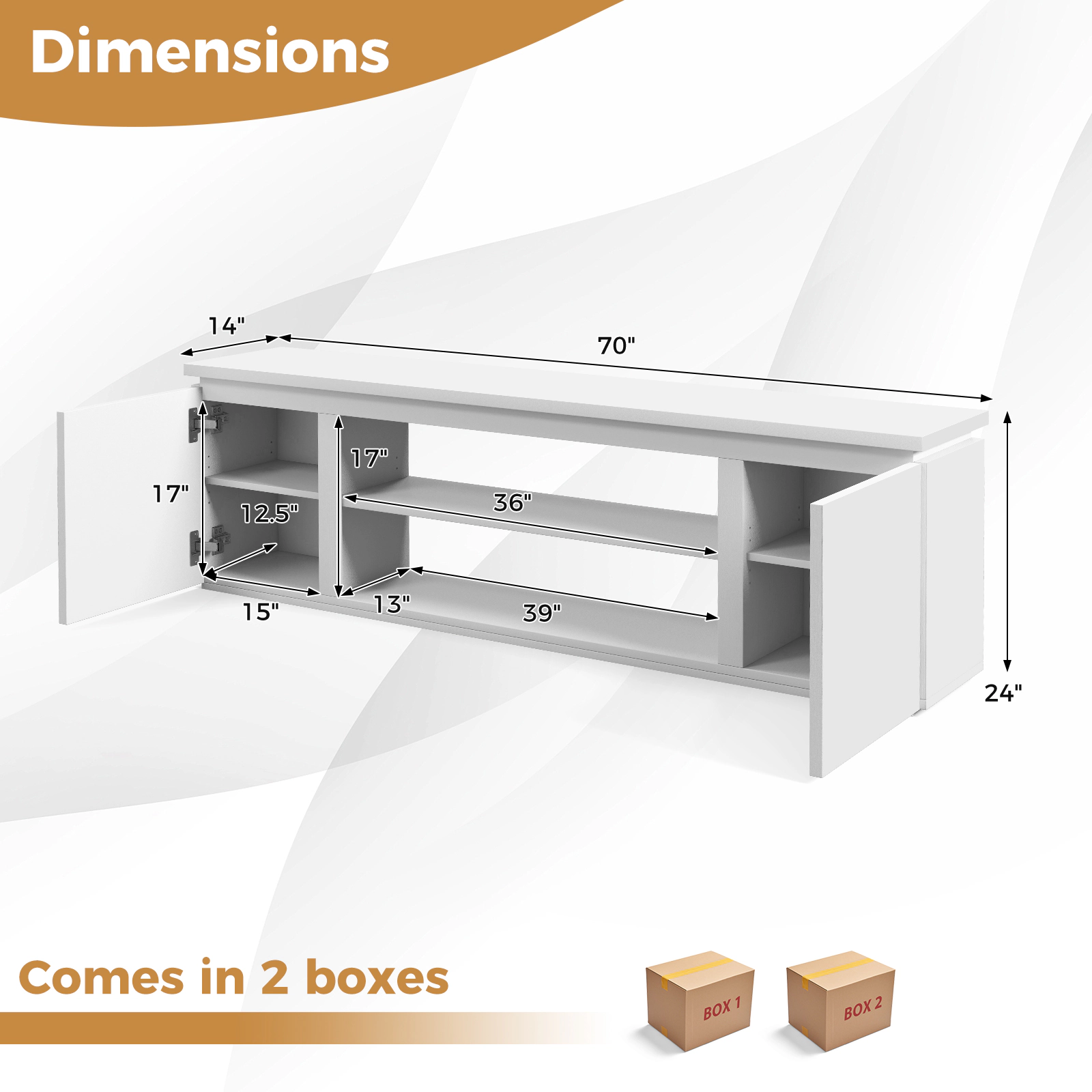 Glintex 70-Inch TV Cabinet with 3 Adjustable Shelves and Soft-Close Doors, White