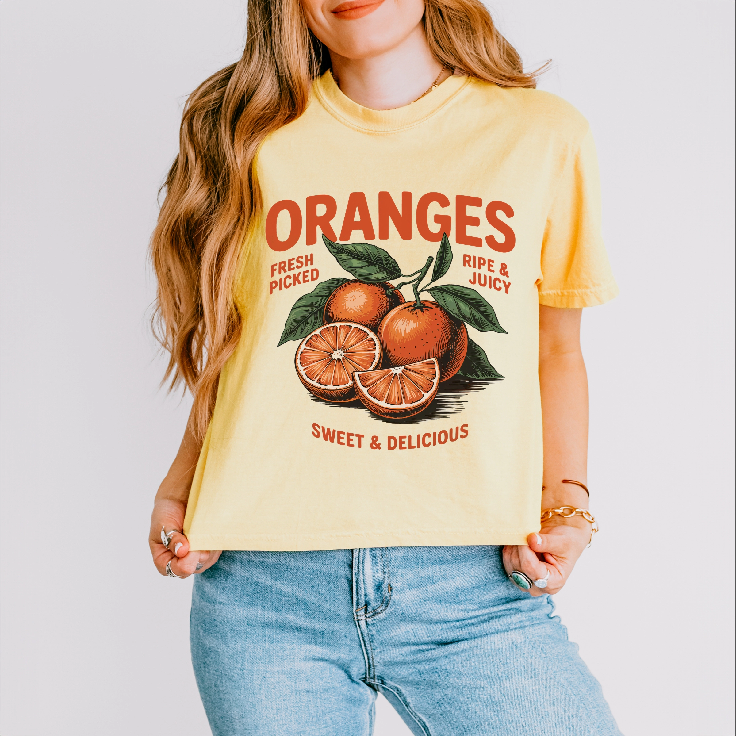 Simply Sage Market - Fresh Picked Oranges Vintage Women's Boxy Crop Top Graphic T-Shirt