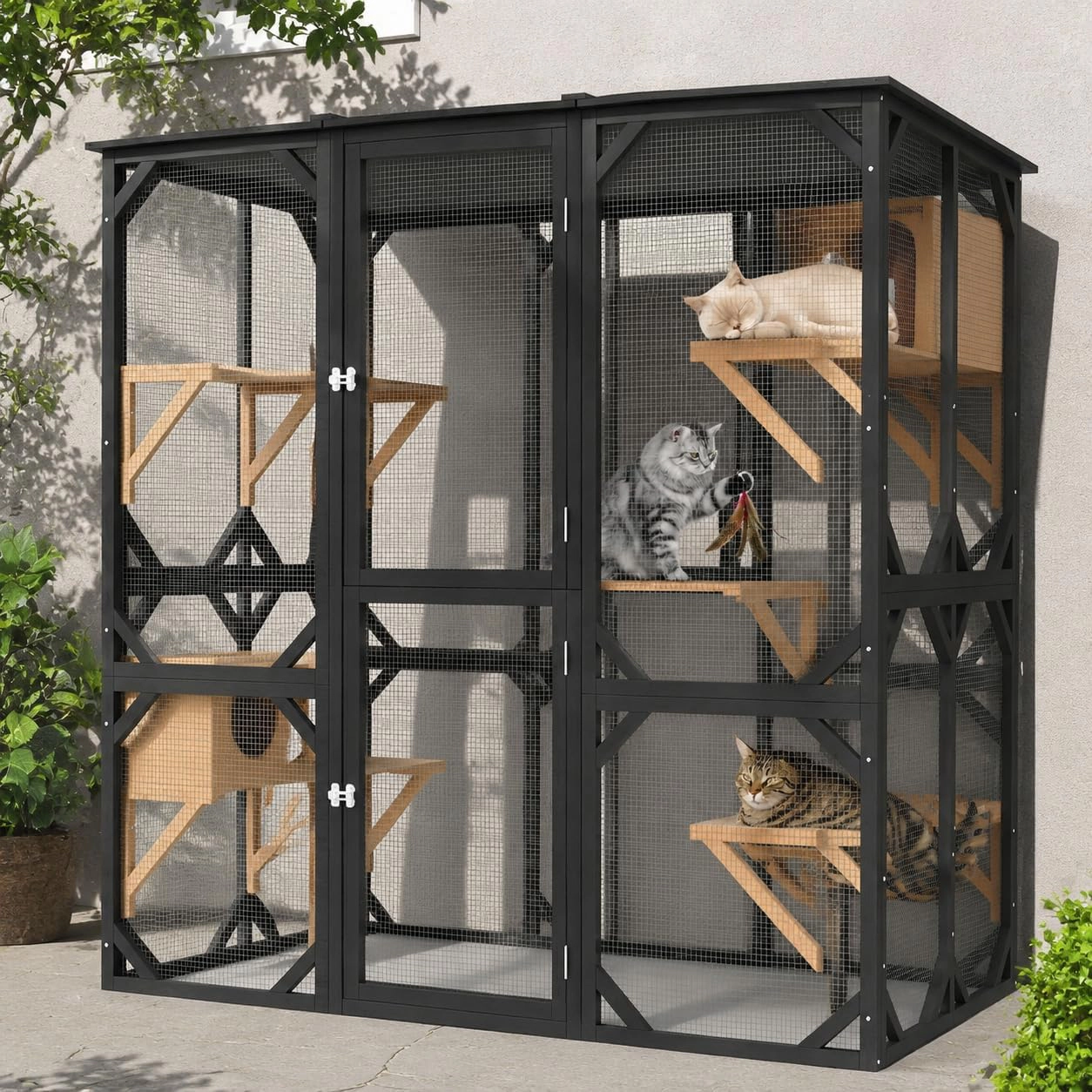 173x92.4x177cm Large Outdoor Wooden Catio Enclosure, Walk-In Cat Cage with Platforms, Black