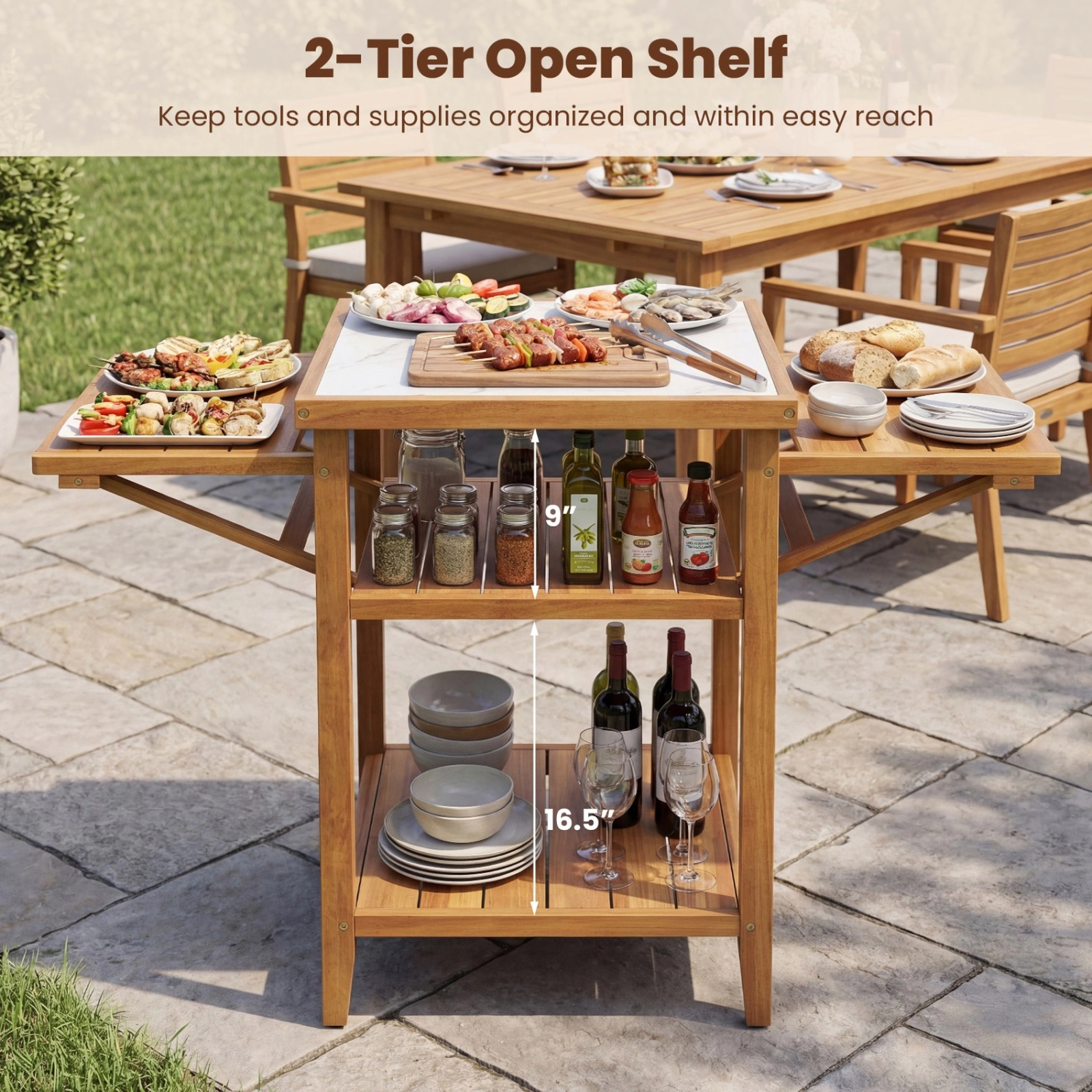 SUGIFT Outdoor Grill Table with Faux Marble Top and Drop-Leaf Side Panels 165-lb Tabletop Capacity Natural