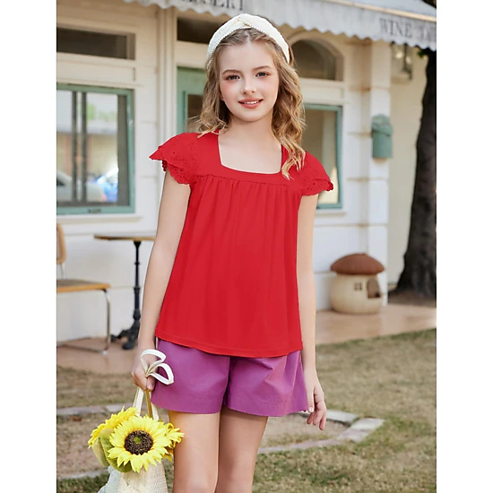 Arshiner Girls Shirts Short Sleeve Square Neck Summer Lace Openwork Pleated Tops Blouse Tunic