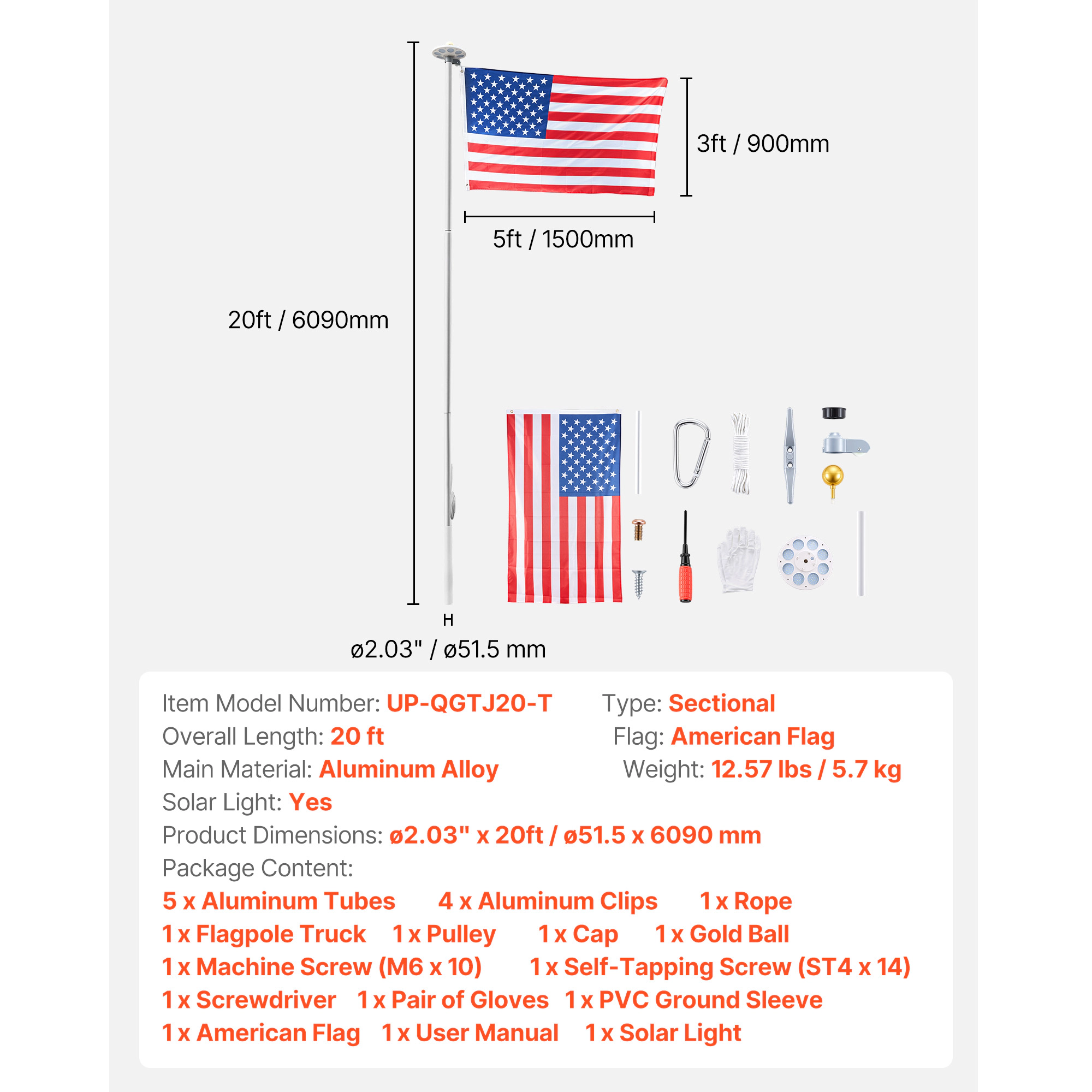HONGGE 20 ft Sectional Flagpole Kit with Solar LED Light, Heavy Duty Aluminum In-Ground Pole, 3x5 Flag