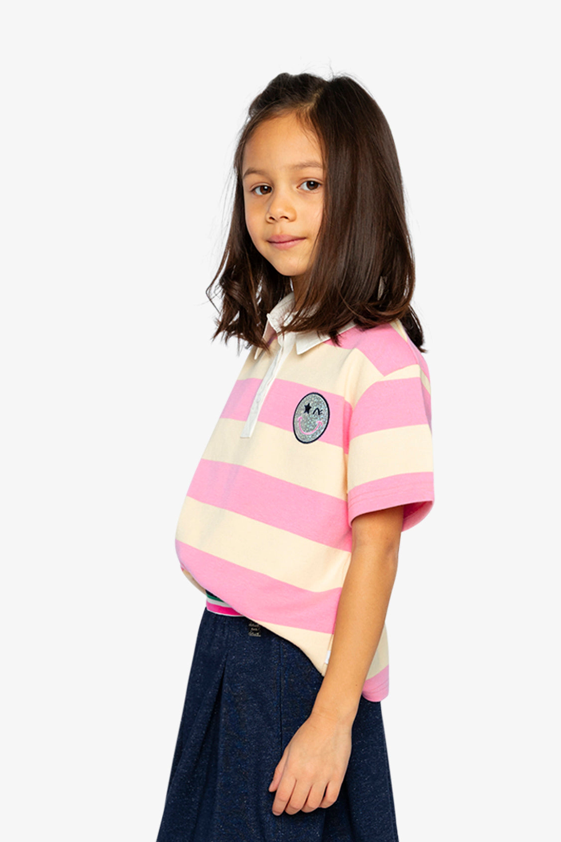 Deux par Girls Striped Smiley Graphic Polo Top