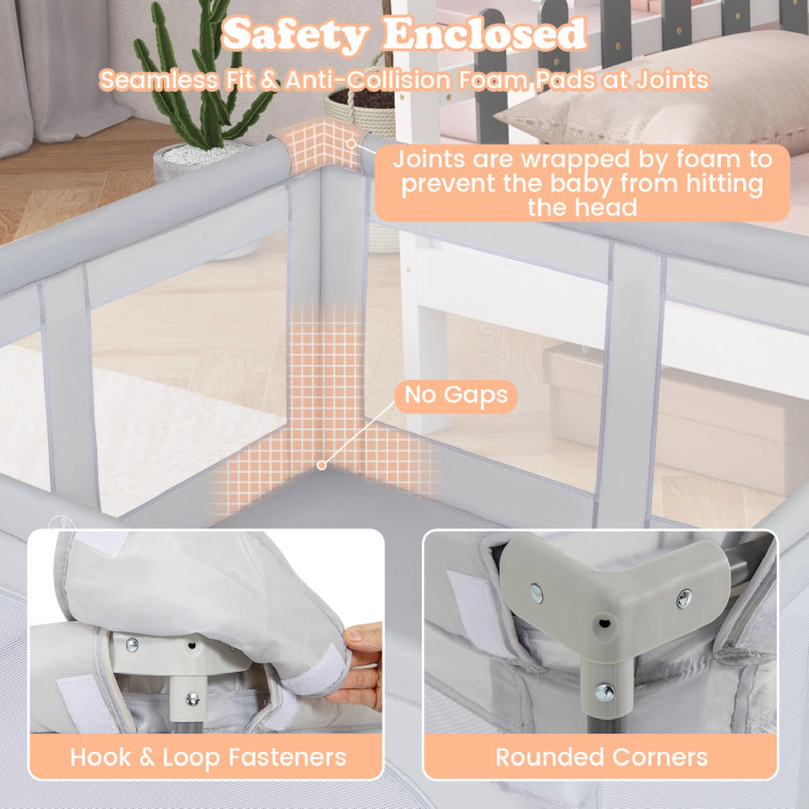 SUGIFT Baby Foam Padded Joints Zipper Gate Mesh Foldable Large Square Playard 59-in x 59-in x 30-in Ages 0-3 Gray