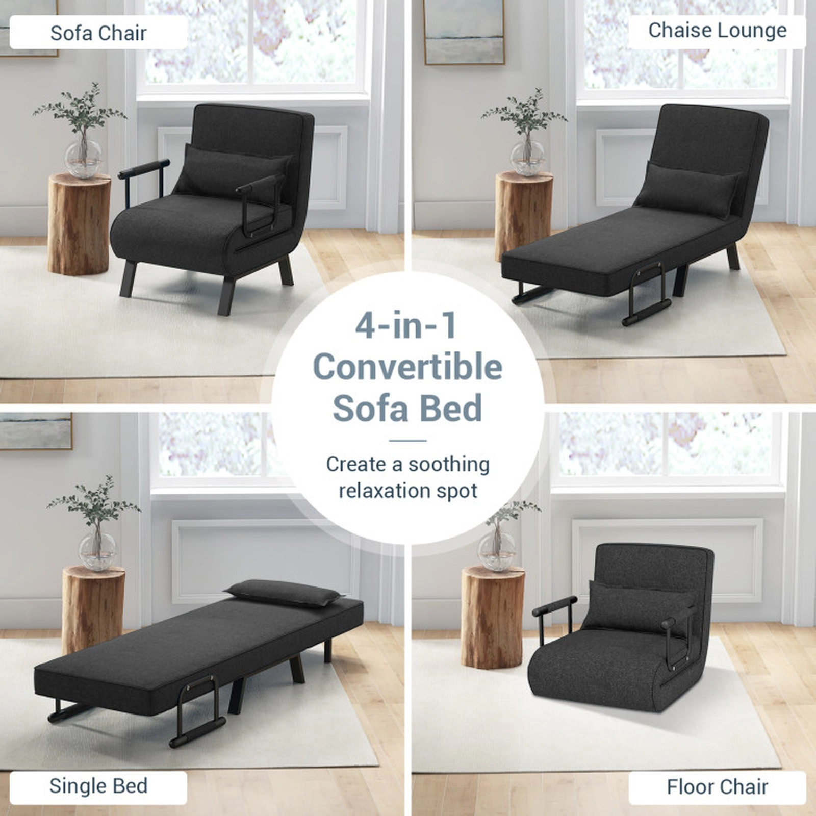 SUGIFT 3-in-1 6-Position Linen Convertible Sleeper Bed Armchair 72.5-in Long 330-lb Capacity 16-in Seat Height Gray
