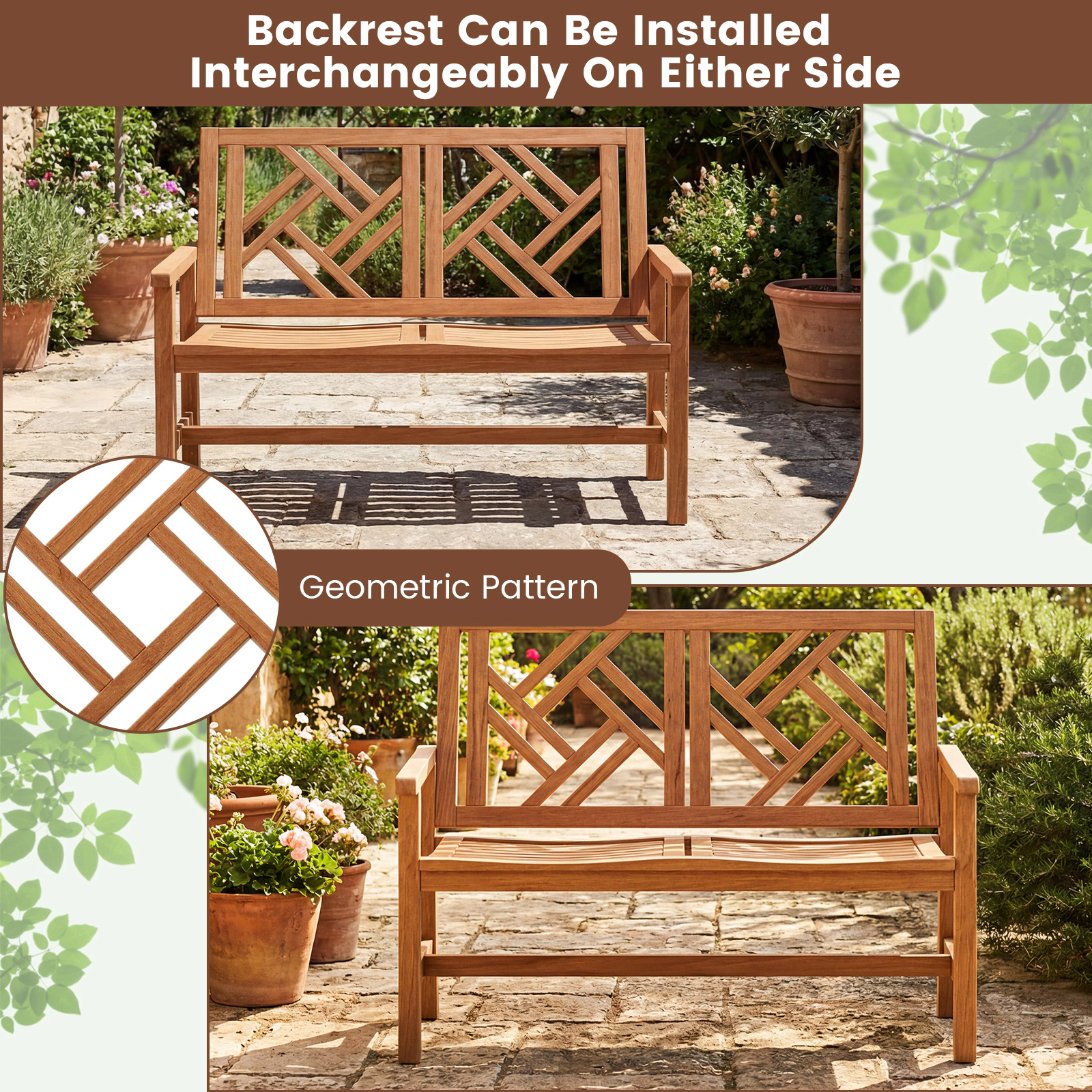 SUGIFT 48 in Outdoor Bench Natural Hardwood 2-Person Patio Loveseat with Geometric Backrest