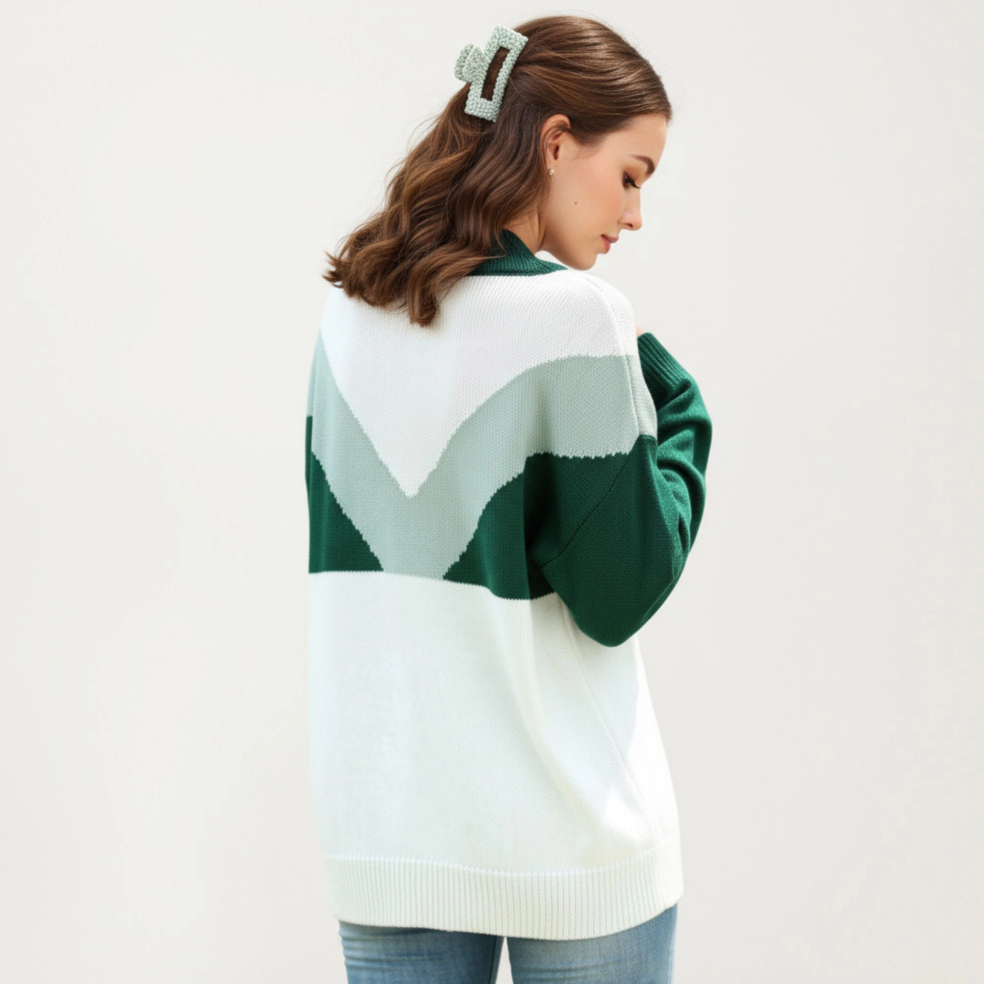 Anna-Kaci Women's Color Block Long Sleeve Knit Sweater with Button Collar and Ribbed Hem