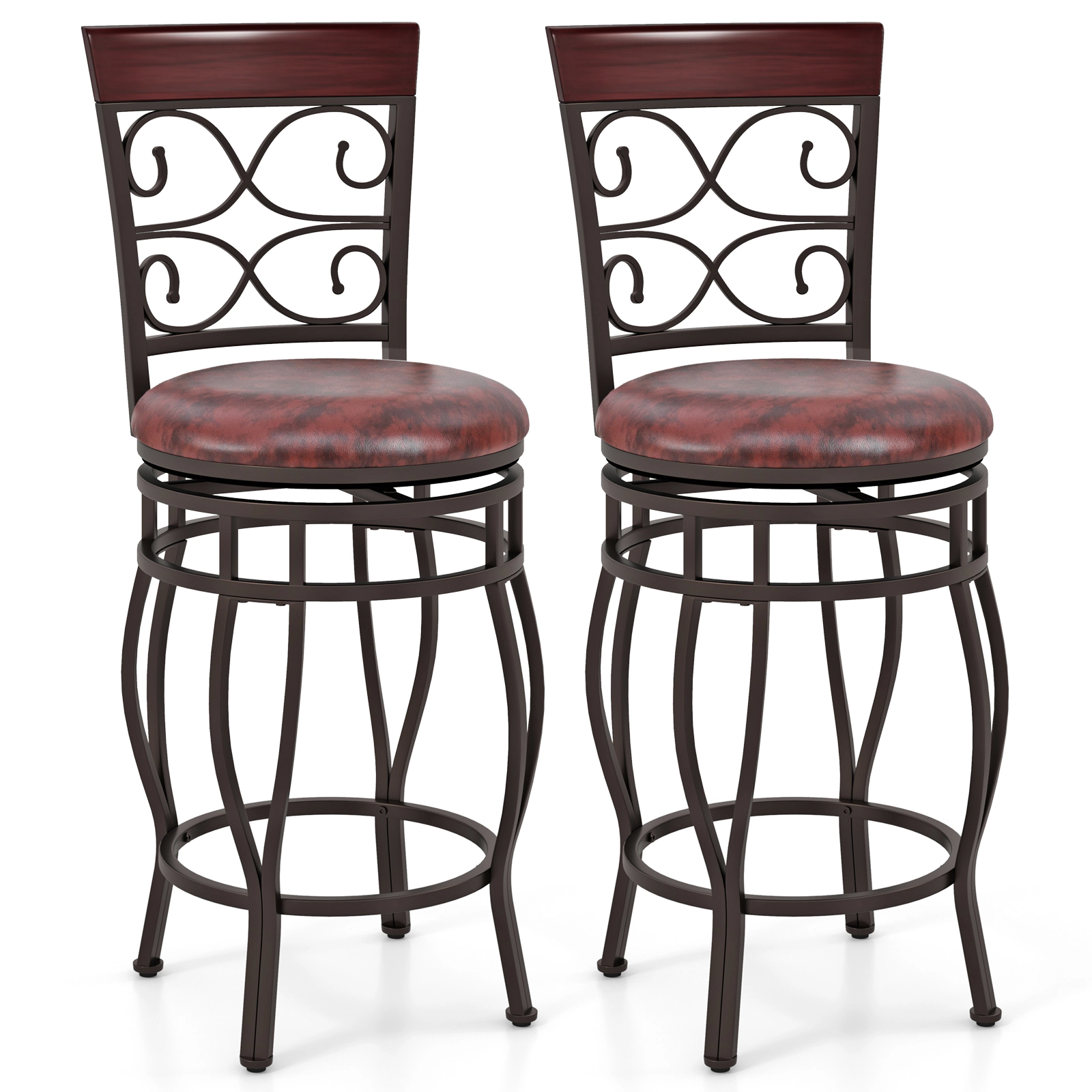 Glintex 2-Piece 26-Inch Counter Stool Set with Backrest and Footrest, Cherry+Brown