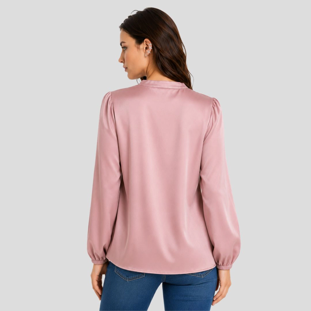 Artyska Women's Satin V-Neck Long Sleeve Blouse with Stand Collar