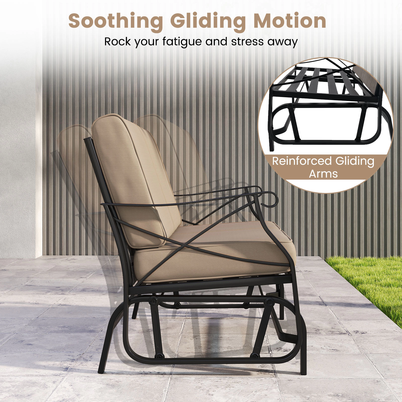 SUGIFT Outdoor 2-Person Glider Loveseat Brown with Thick Cushions and Metal Frame