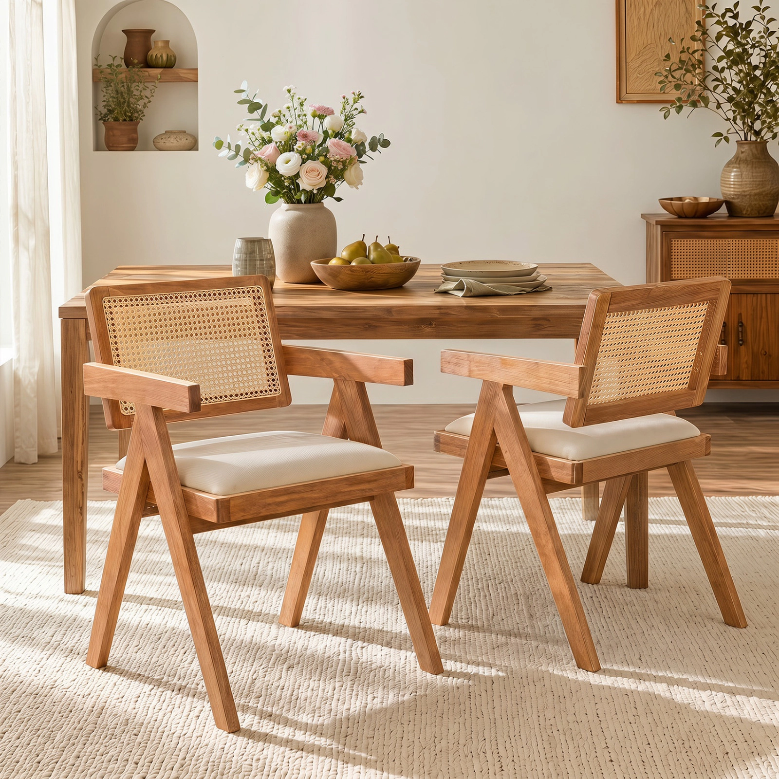 SUGIFT Set of 2 Rattan Accent Chairs Beige with Padded Cushions and Rubber Wood Frame