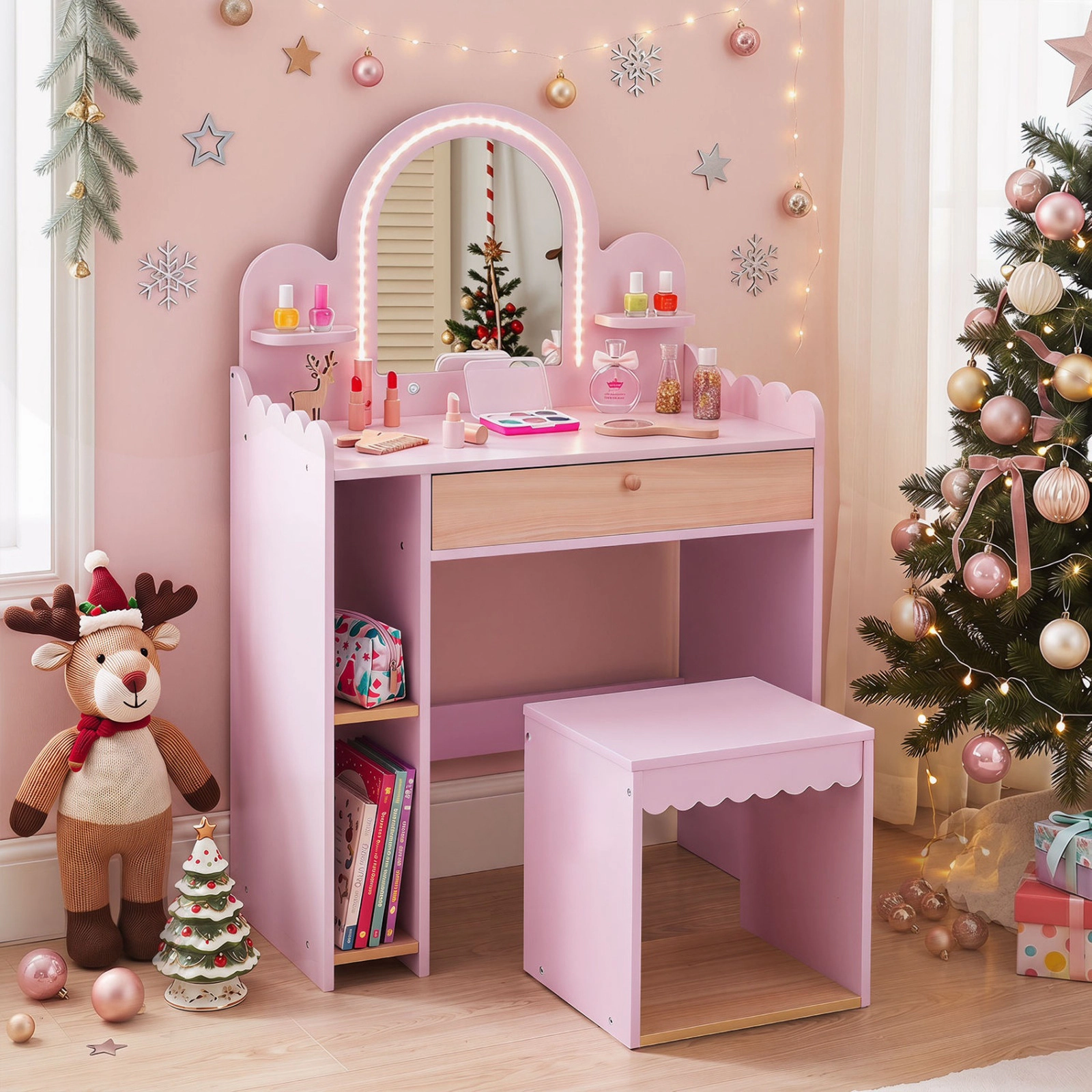 SUGIFT Pink 3 Lighting Modes 2 Shelves Storage Compartments and Stool Kids Vanity Table Set