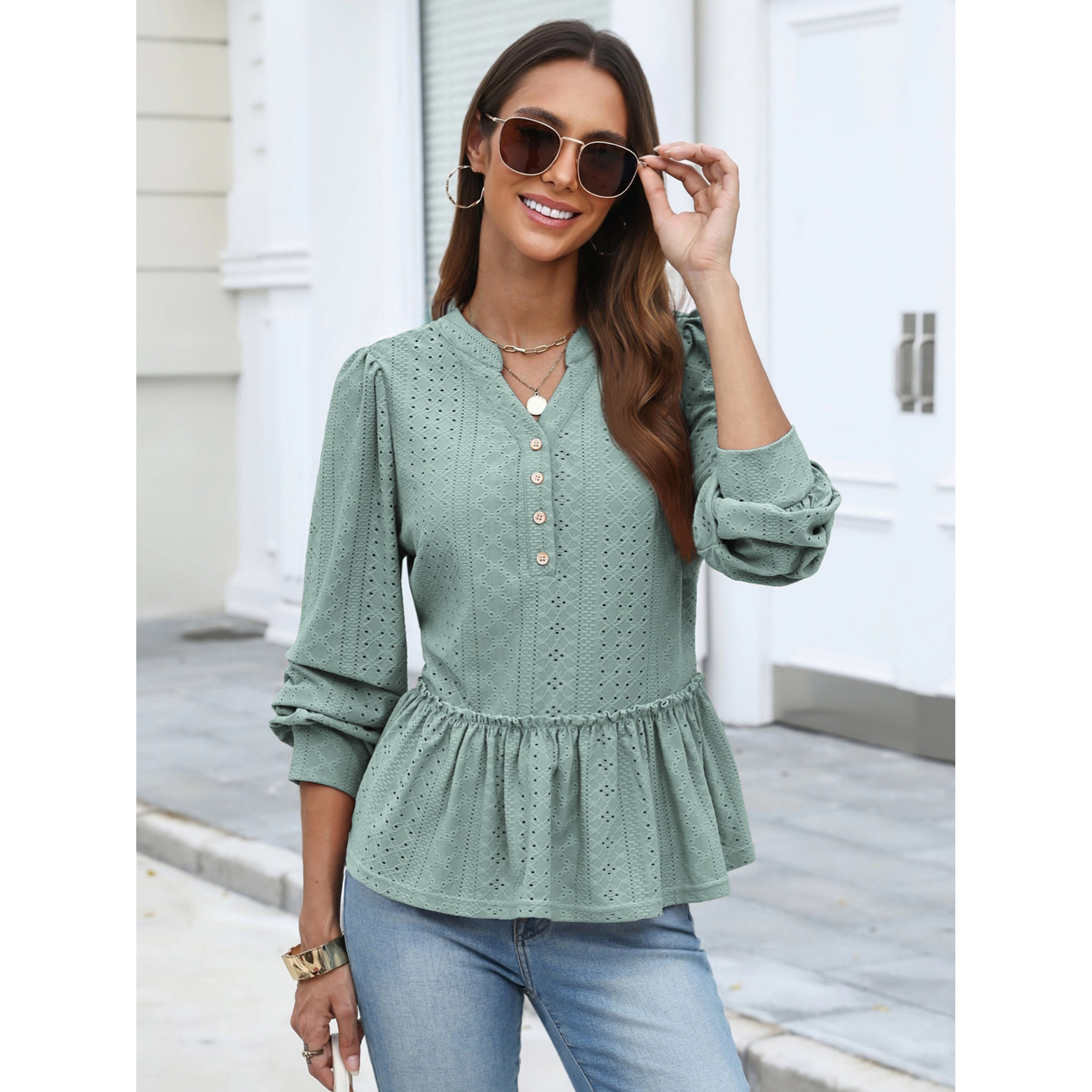 Zeagoo Women's Eyelet Knit Peplum Henley Half Button Puff Long Sleeve Pullover