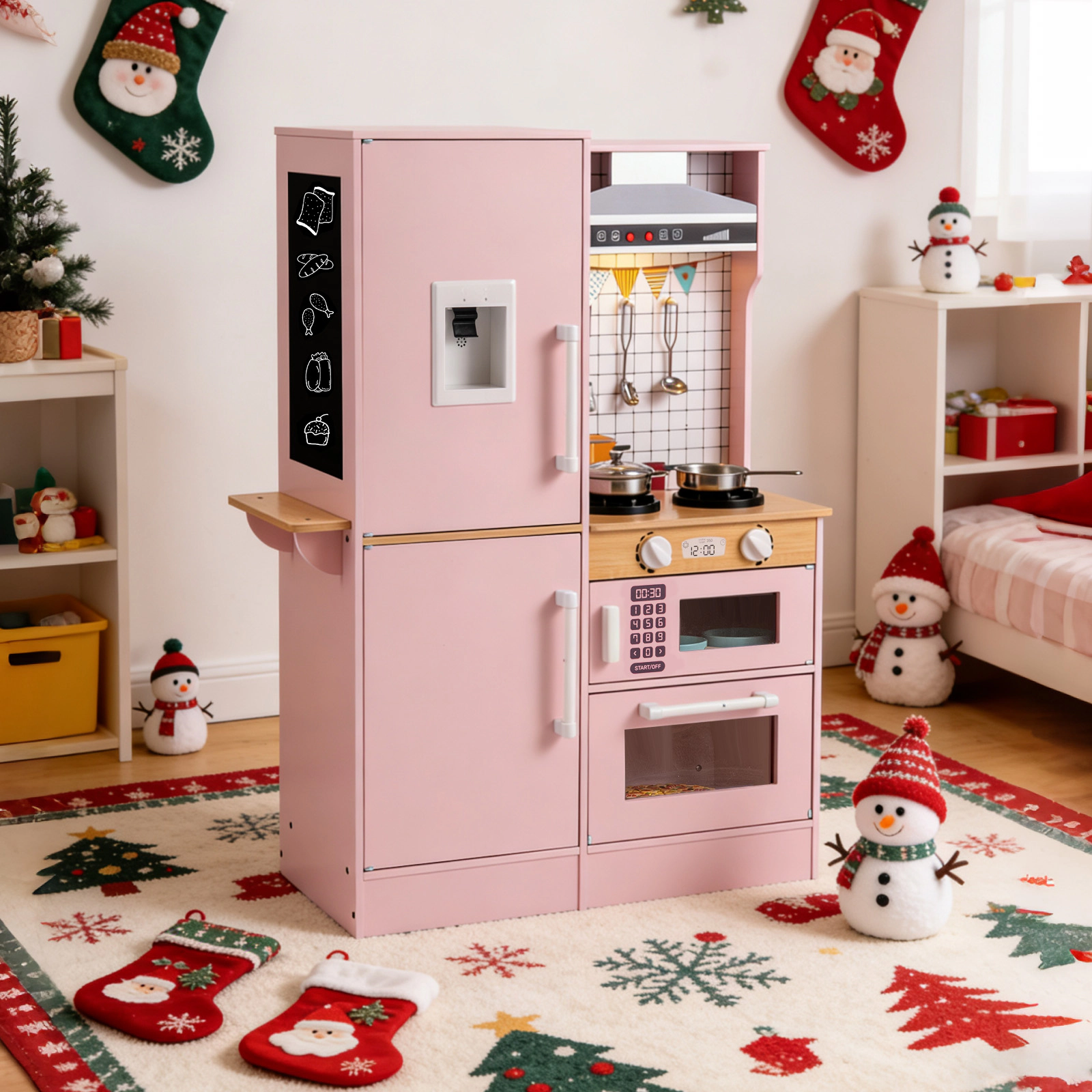 SUGIFT Dual-Sided Kids Play Kitchen with Water Dispenser and Range Hood Ages 3+ White/Pink