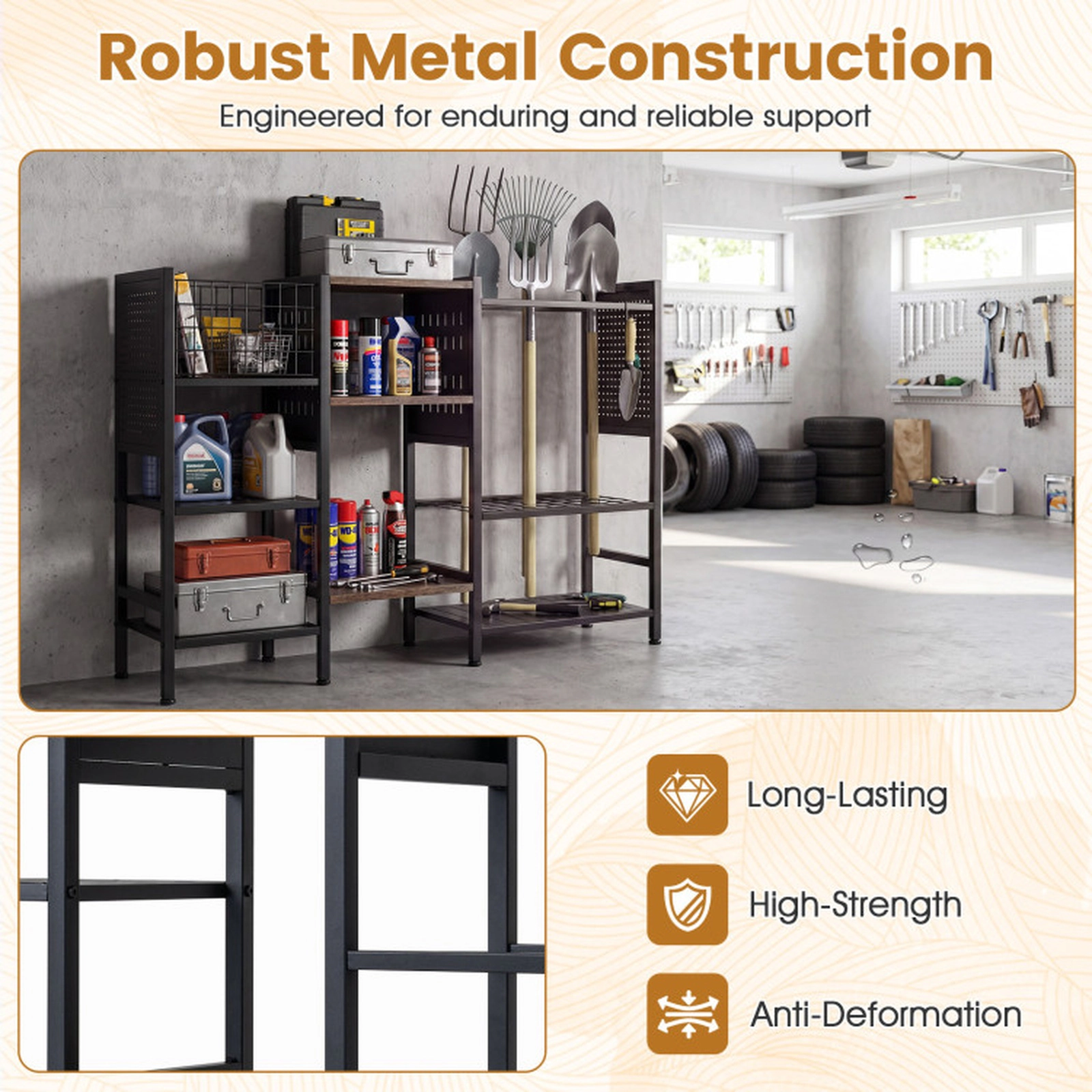 SUGIFT 40-in Wide Garden Tool Organizer with Metal Frame and Wooden Shelves 22-lb Tier Capacity Black and Rustic Brown