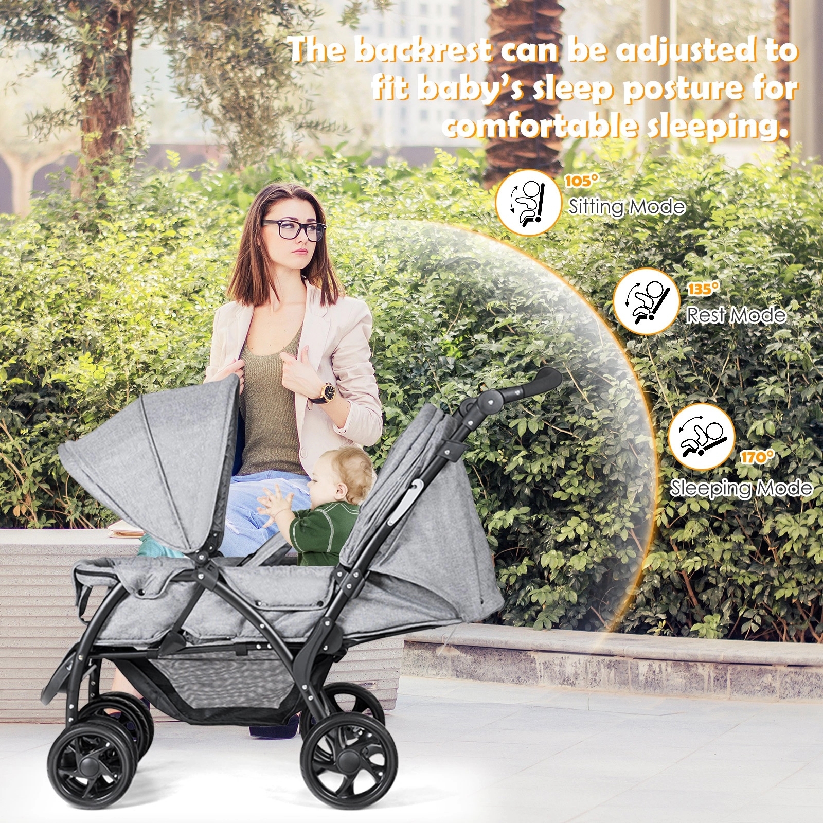 SUGIFT Foldable Lightweight Front Back Double Baby Stroller 33-lb Capacity Per Seat Ages 6-36 Months Gray/Black
