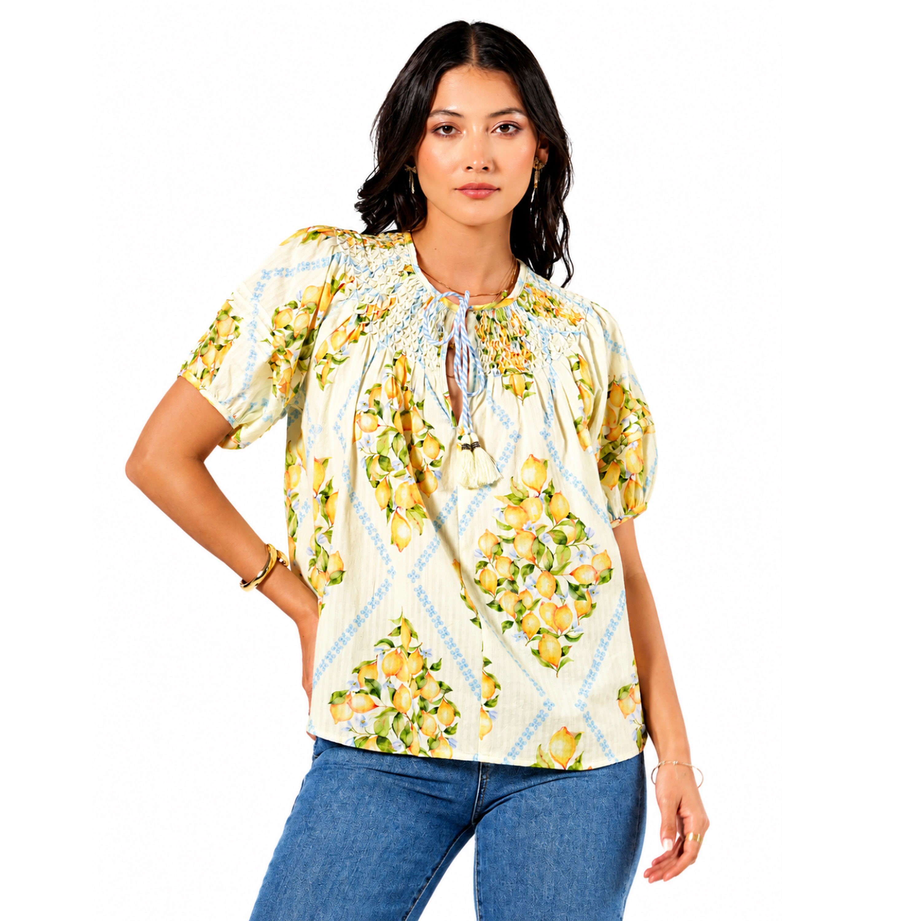 Rose & Nancy Women's Kirsten Lemon Print Smock Detail Cotton Blouse
