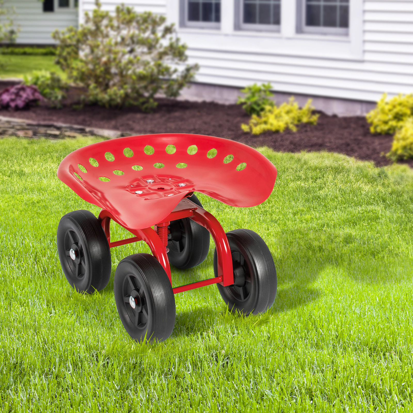 SUGIFT Red 330-lb Capacity Rolling Garden Work Seat Swivel Stool with Height Adjustment and Quiet Wheels