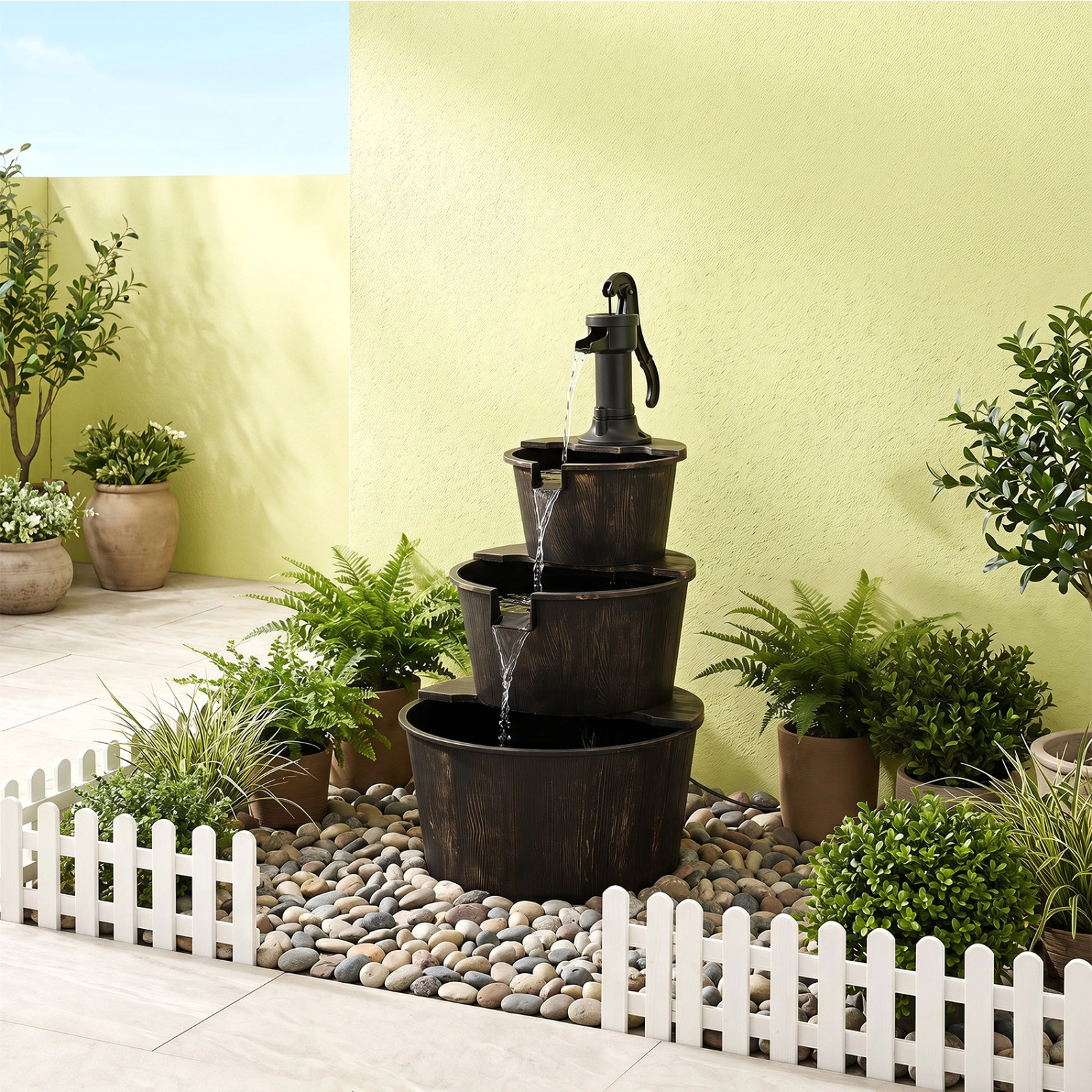 SUGIFT 3-Tier 37-in Outdoor Waterfall Barrel Water Fountain with Electric Pump and Bronze Finish