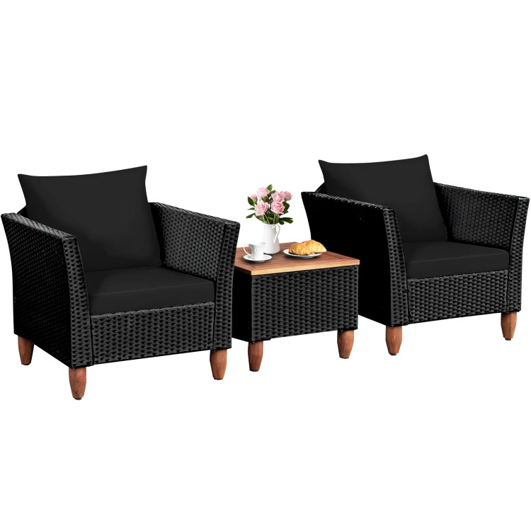 Hivvago 3 Pieces Outdoor Patio Wicker Furniture Set With Cushions And Acacia Wood Coffee Table
