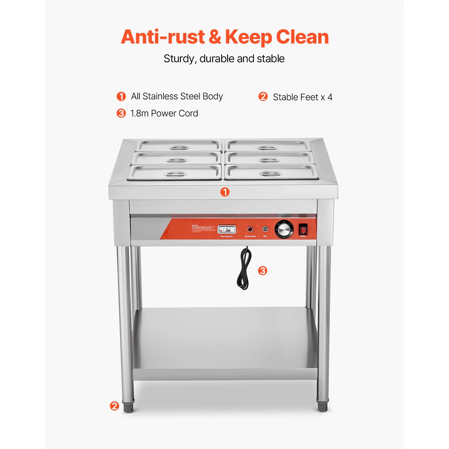 HONGGE Commercial Food Warmer Electric Steam Table 1500W Professional Buffet Catering Food Warmer with Undershelf