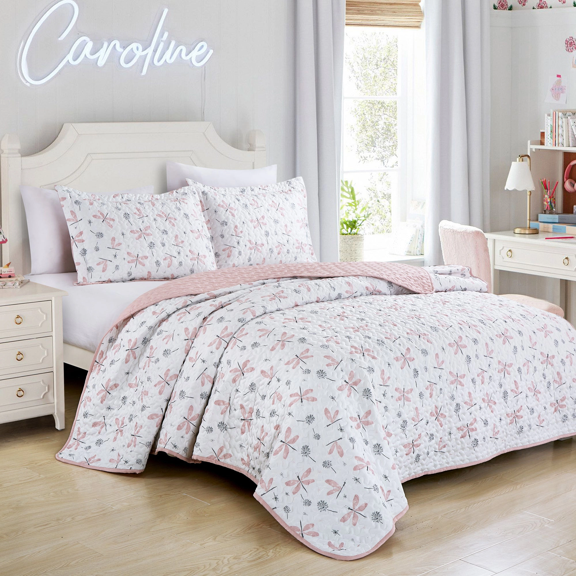 MarCielo 2/3 Piece Kids Dragonfly Dandelion Reversible Quilt Set – Floral Bedspread