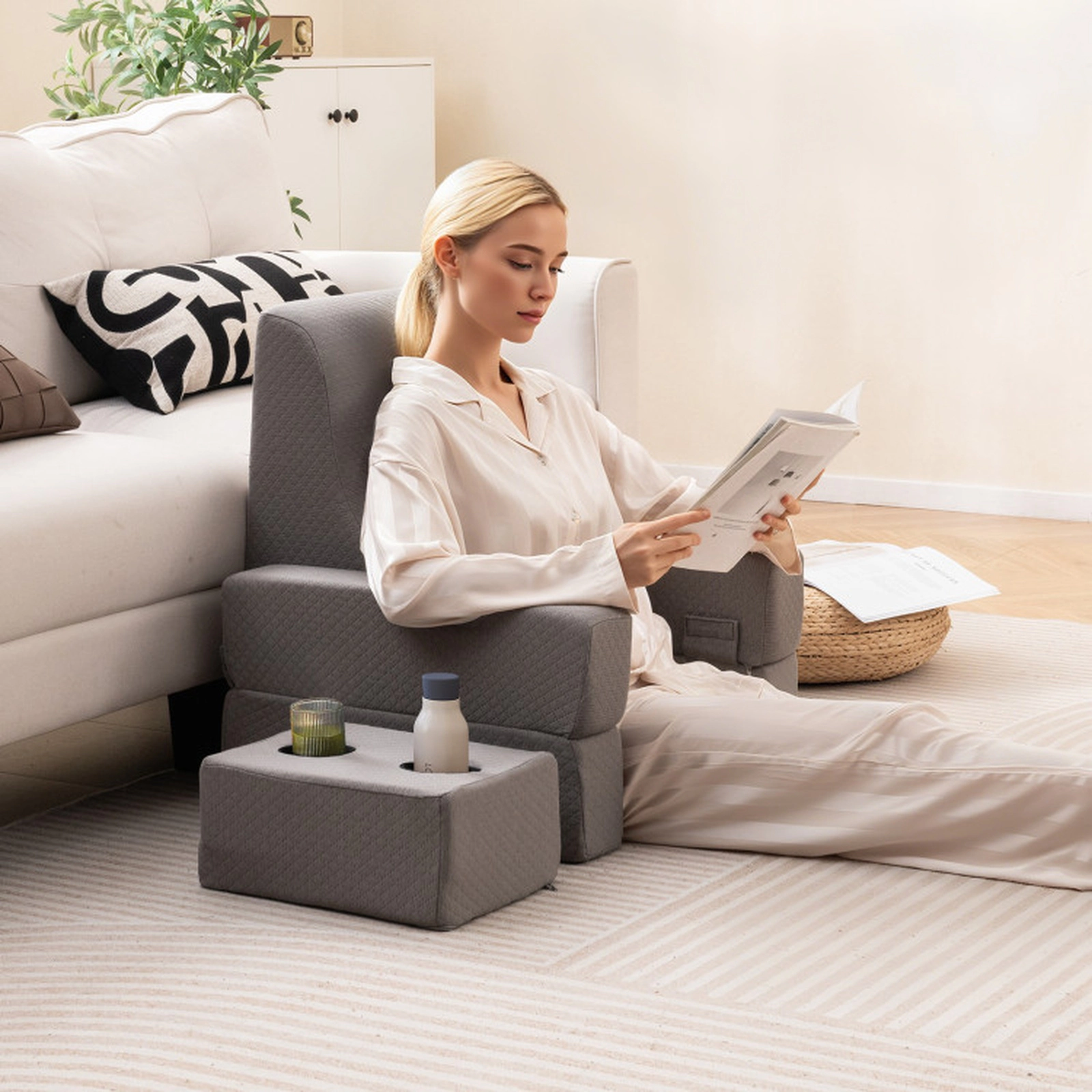 SUGIFT 3-Piece Ergonomic Reading Pillow Set Back Pillow Lap Desk Coaster 23 x 21.5 x 12-in 14.5 x 11 x 18.5-in Gray