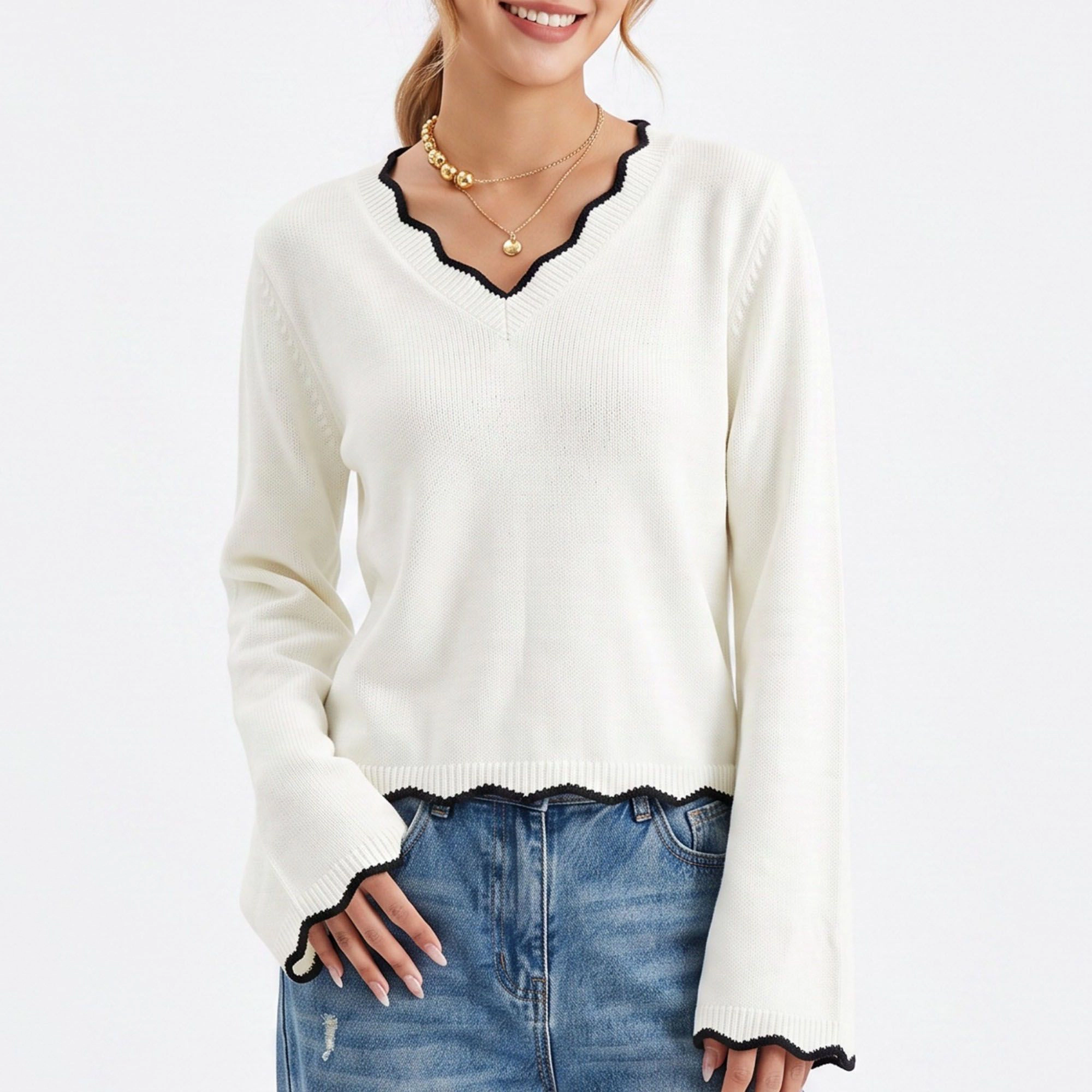 Anna-Kaci Women's Contrast Trim V Neck Sweater Flare Sleeve Scalloped Hem Knit Pullover