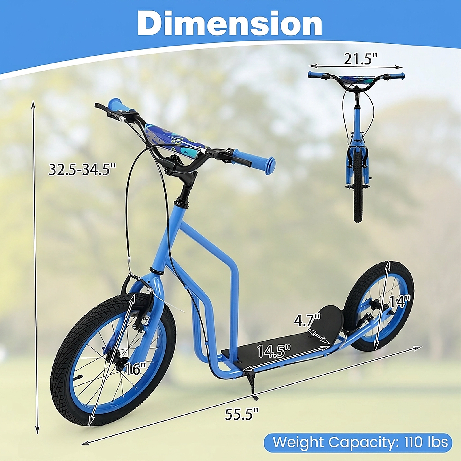 SUGIFT Blue Kick Scooter, 16-Inch Front and 14-Inch Rear Inflatable Wheels, Hand Brakes, 110-Lb Capacity