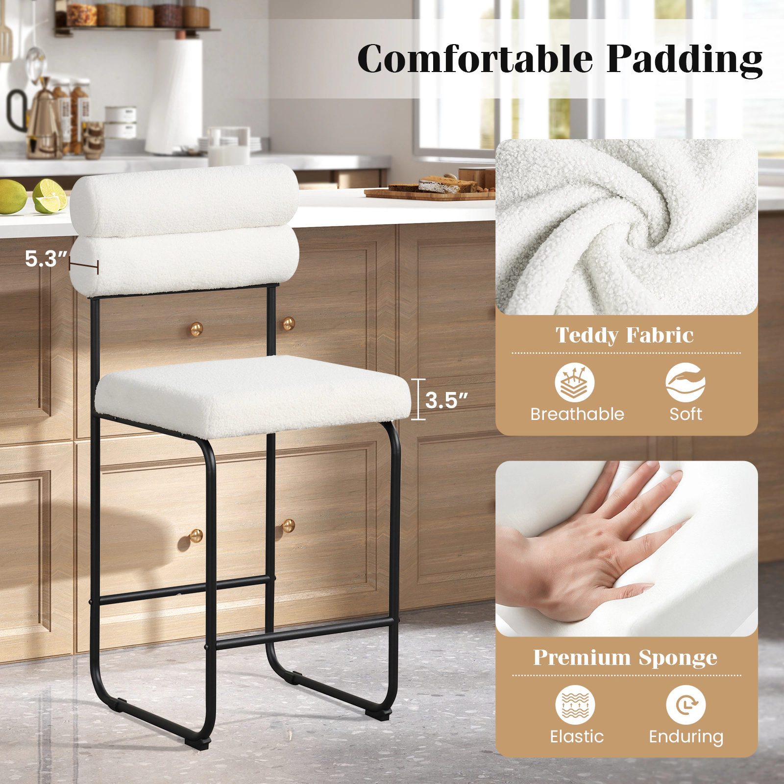 Glintex 2-Piece 26-Inch Counter Stool Set with Teddy Fabric Upholstery